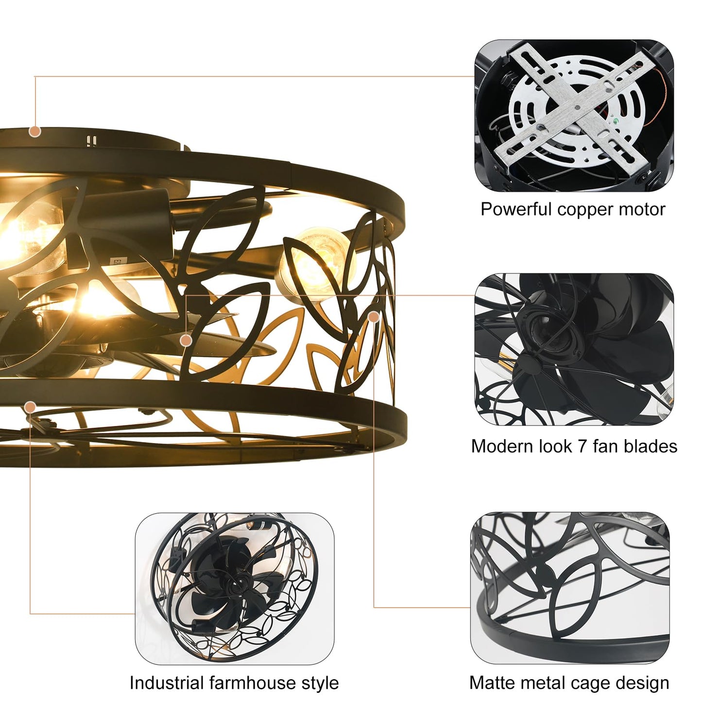 Garwarm 18in Caged Ceiling Fan with Light,Rustic Farmhouse Ceiling Fans with Lights and Remote,Bladeless Black Fandelier Ceiling Fan,Small Flush Mount Ceiling Fan for Kitchen, Bedroom（6 Speed, Timing）