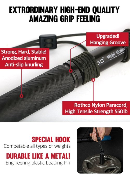 GD Hanging Wrist Roller Forearm Blaster- Forearm Strengthener Exercise Equipment Wrist Trainer for Muscle building and Injury prevention Hand Grip Strength (Hanging Wrist Roller Premium(Rope : Black))