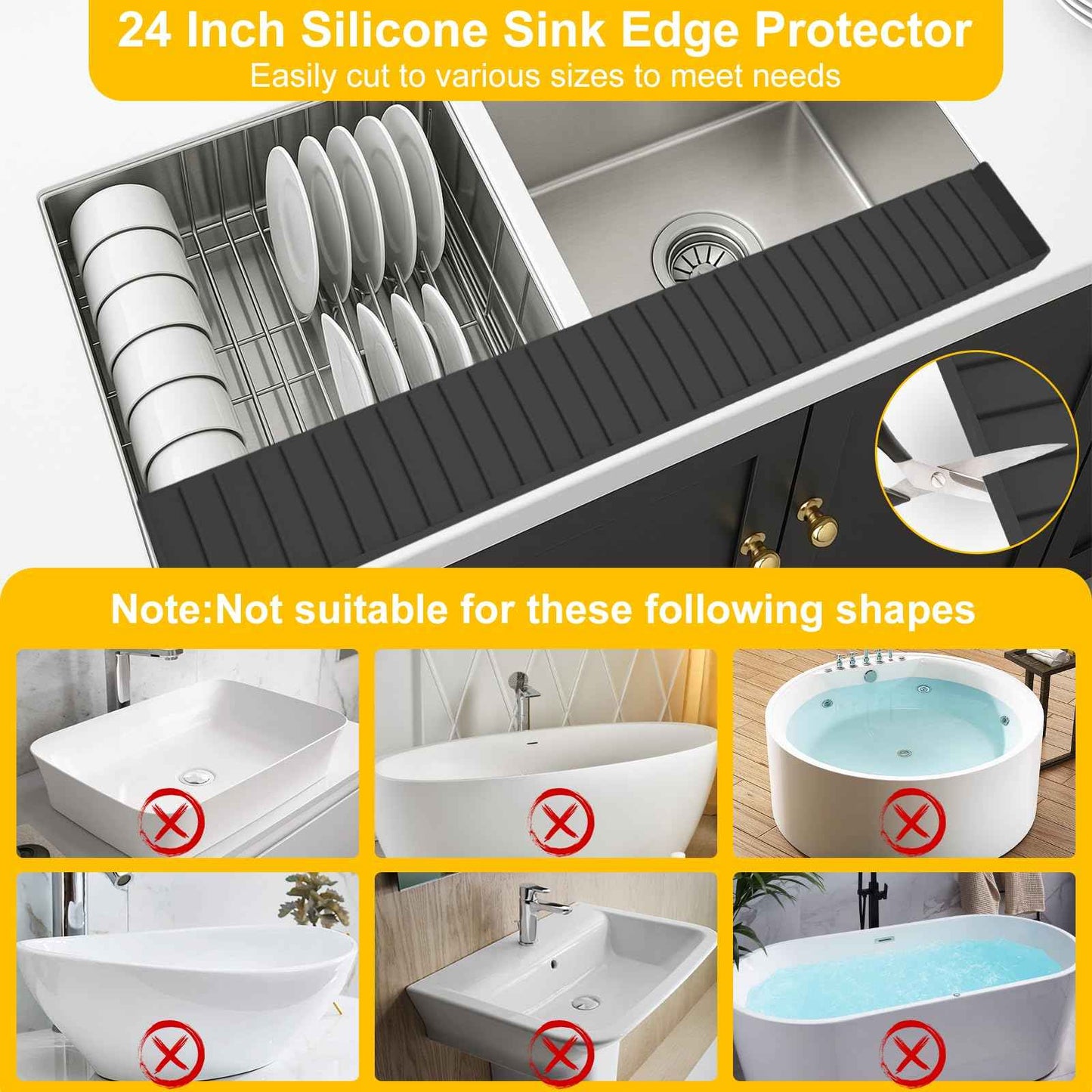 Kitchen Sink Splash Guard, 4 * 24‘’ Sink Edge Protector with Suction Cups, Silicone Faucet Splash Guard & Draining Mat for Kitchen, Bathroom Sink, Steel, Granite, Quartz Countertops (Black)