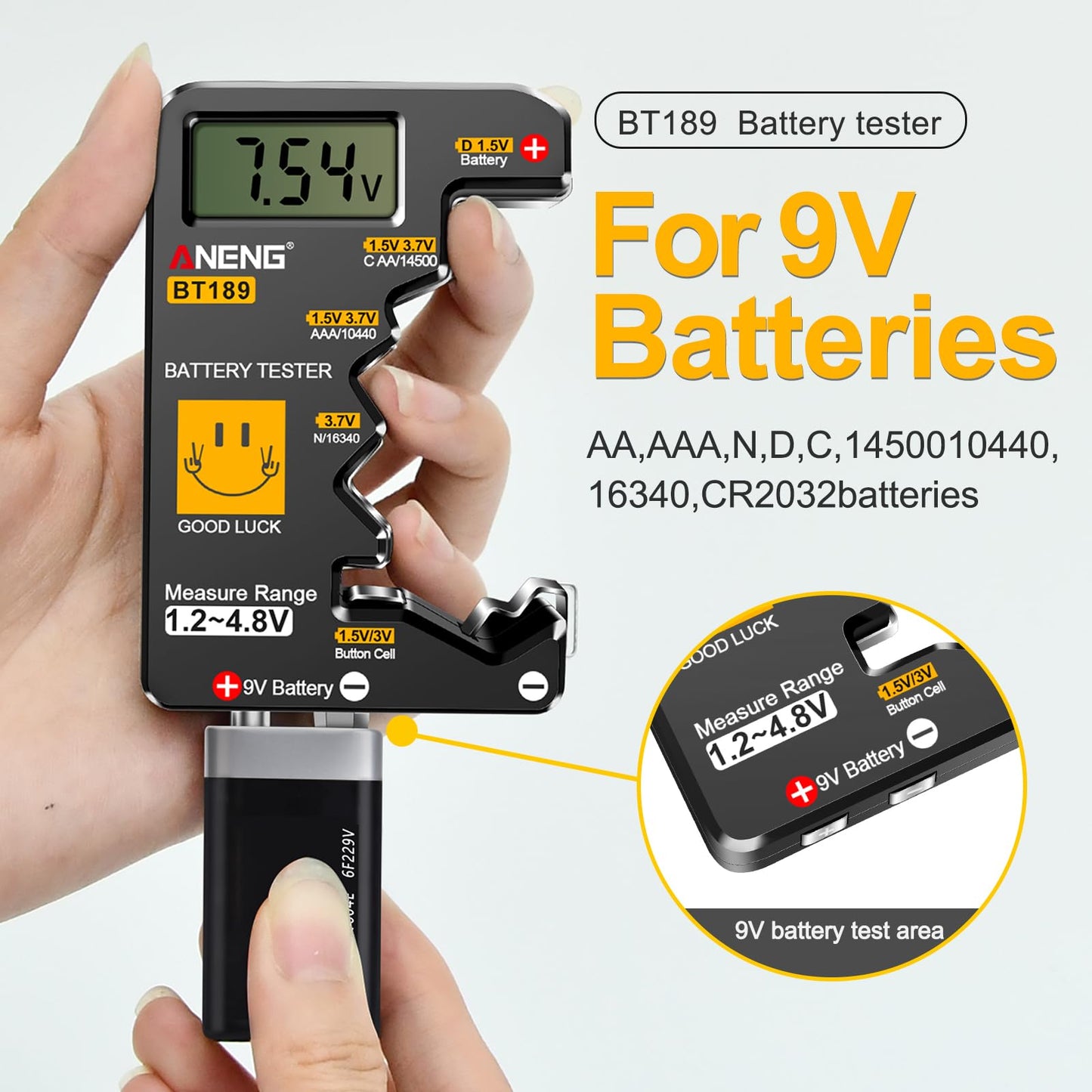 ANENG BT189 Battery Tester for AAA,AA,C,D,9V,F,6F22,1.5V/3V Button Batteries,LCD Display Household Battery Detector,Detects Battery Power by Voltage,Universal Battery Checker