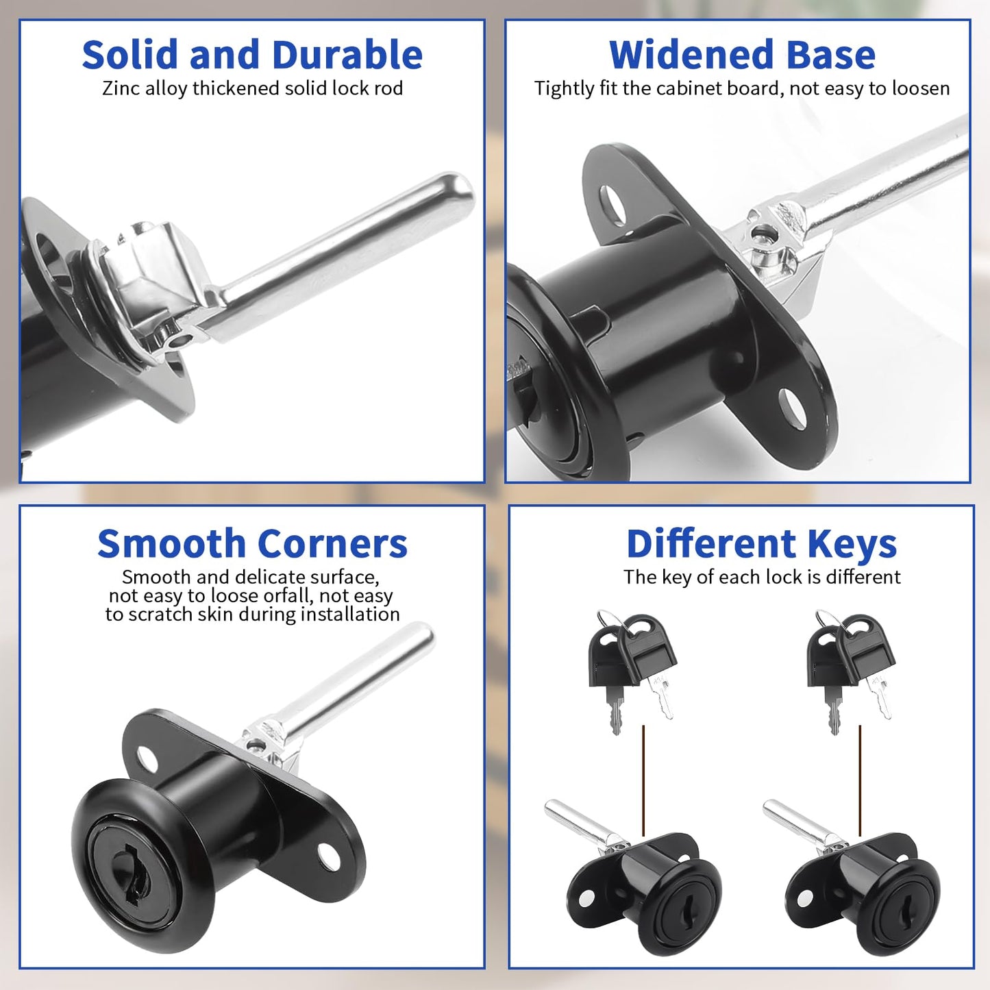 HOWDIA 2 Pcs - Drawer Lock Cabinet Locks with Keys, Zinc Alloy Desk Locks File Cabinet Lock for Wardrobe Furniture Locker Showcase with 2 Key 19mm (Black, Keyed Different)