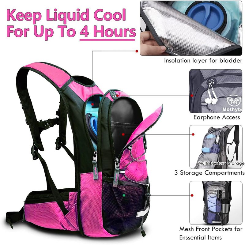 Mothybot Insulated Hydration Backpack Pack with 3L BPA Free Leak Proof Water Bladder, Large Storage Lightweight Hiking Daypack with Waist Pouches & Cooler Layer, for Running, Biking, Camping, Festival