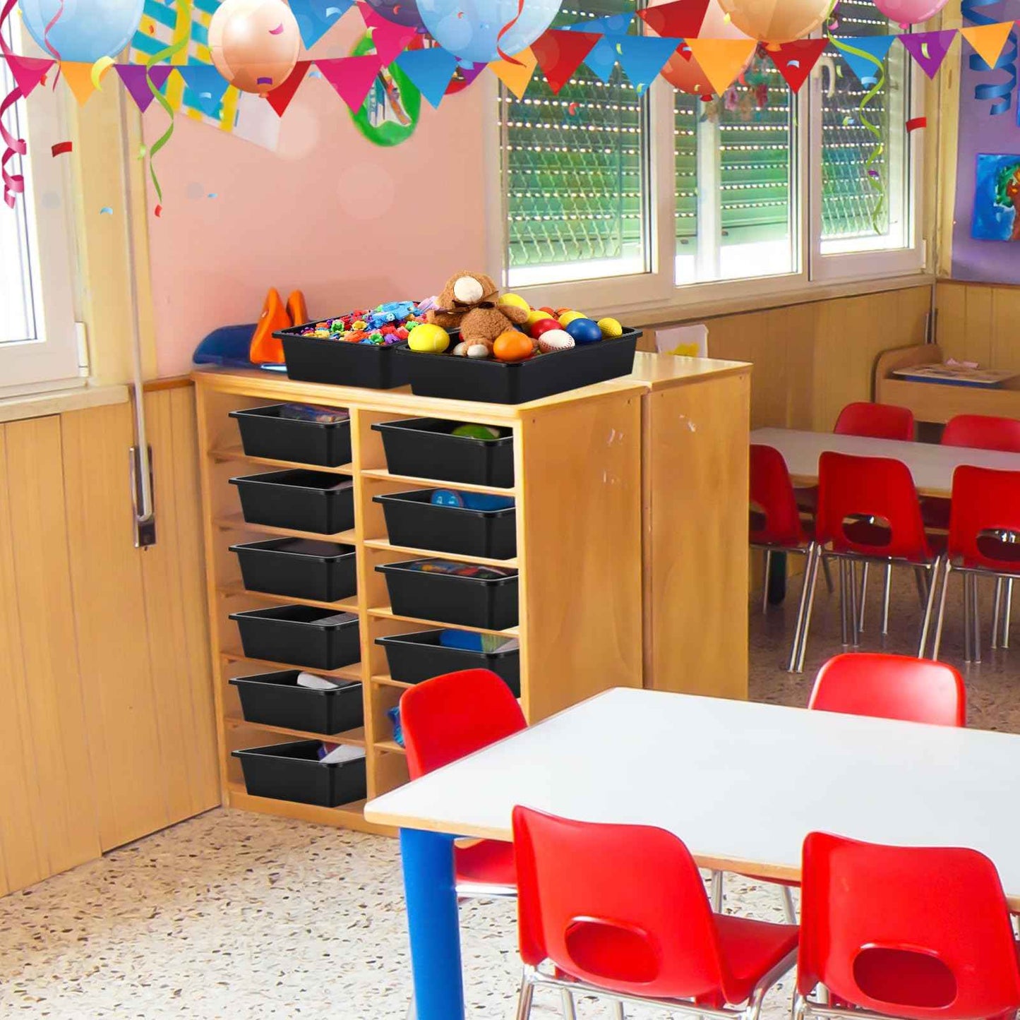 Qunclay 16 Pcs Flat Storage Tray Organizer Bin Letter Size Paper Trays for Classroom Art Activity Plastic Stackable File Paper Organizer for School Office Teacher Book Organization, Black