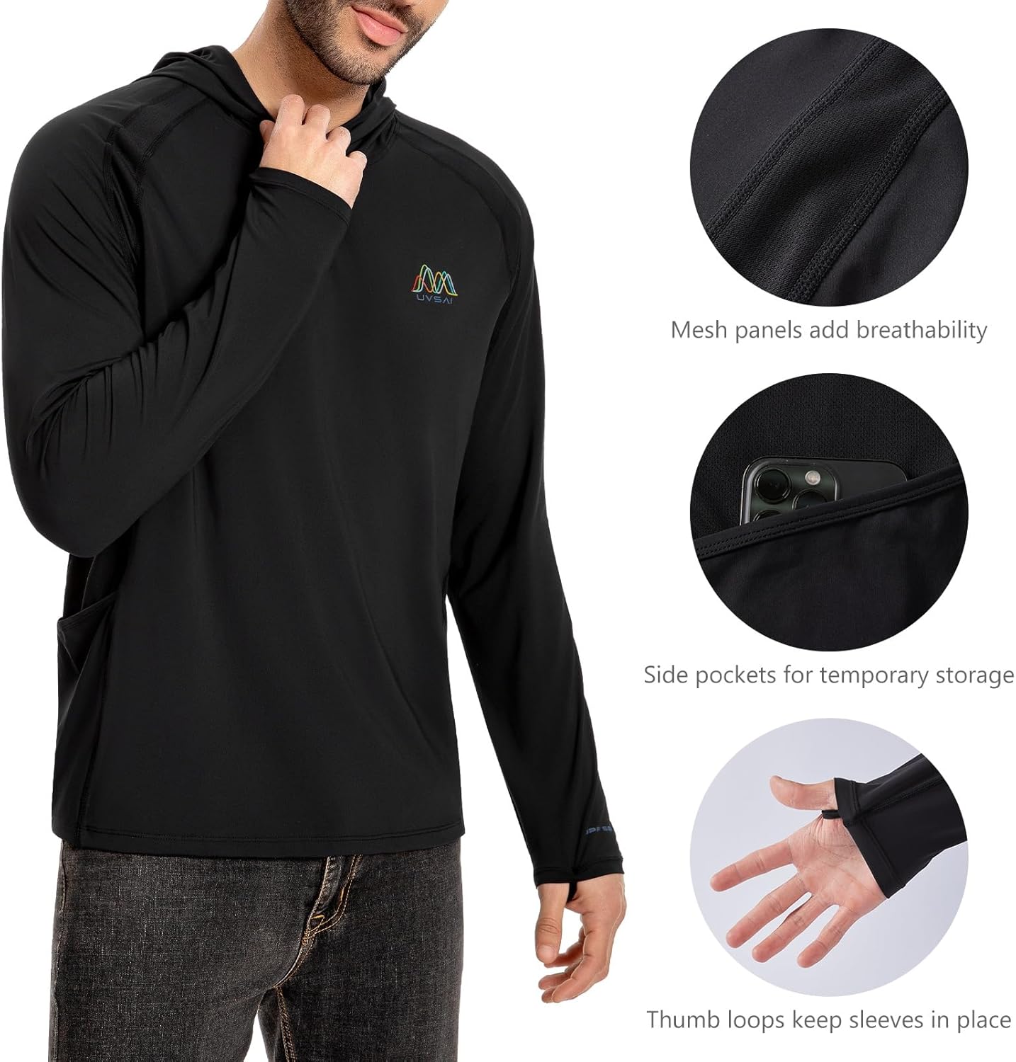 Skiennix Men's UPF 50+ Long Sleeve Hoodie - UV Sun Protection Vented Performance Tee for Outdoor Activities