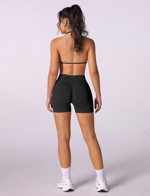 ABOCIW Black Workout Sets Women 2 Piece Seamless Strappy Halter Sports Bra Scrunch Butt Lifting Shorts Active Wear Yoga Outfits #1 Black Small