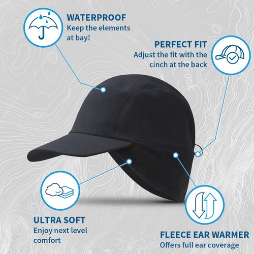 TrailHeads Waterproof Hiking Hats for Men with 3 Layer Rain & Wind Protection – Wide Brim Black Cap with Drop-Down Ear Warmers for Outdoors