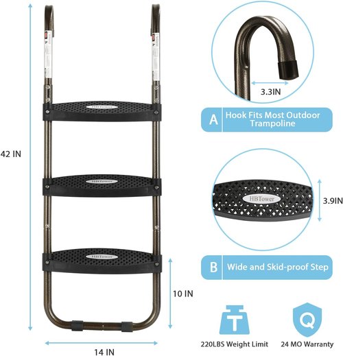 HBTower Trampoline Ladder - 3-Step Skid-Proof Design with Universal Hook | UV Treated Steel, 220Lbs Capacity