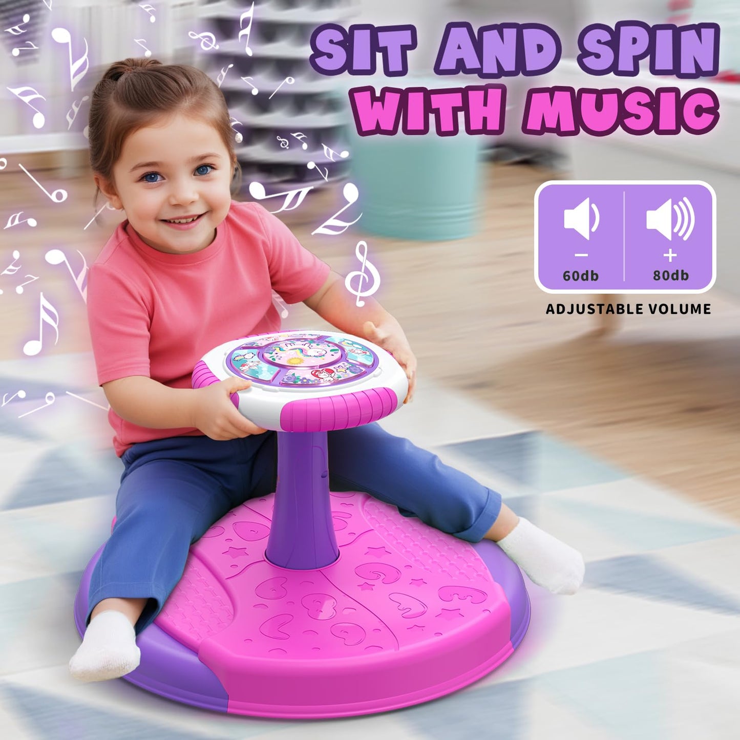 HYES Unicorn Sit and Spin Toys for Toddlers 1-3 Girls, 360° Toddler Spinning Seat with LED Lights and Music, Sensory Toys Birthday for Kids 3-5
