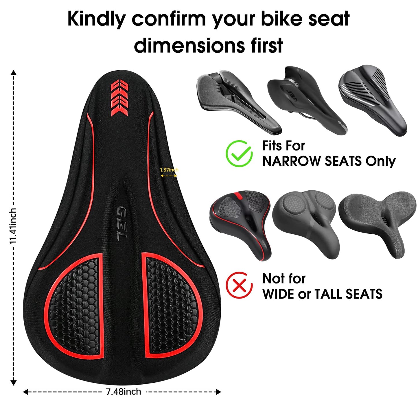 MSDADA Bike Seat Cushion - Gel Bike Seat Cover Padded for Men & Womens Comfort, Soft Bicycle Saddle Compatible with Exercise Spin Stationary Bike, for Indoor and Outdoor Cycling (Red)