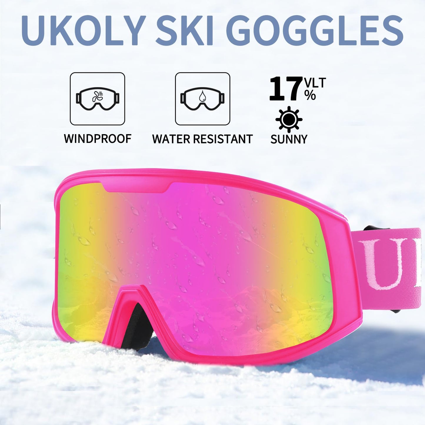 Ukoly Ski/Snowboard Goggles for Men Women, Snow Goggles HD Lens Anti-Fog Coating OTG Design UV400 Protection Windproof (Pink Frame Revo Pink HD Lens)