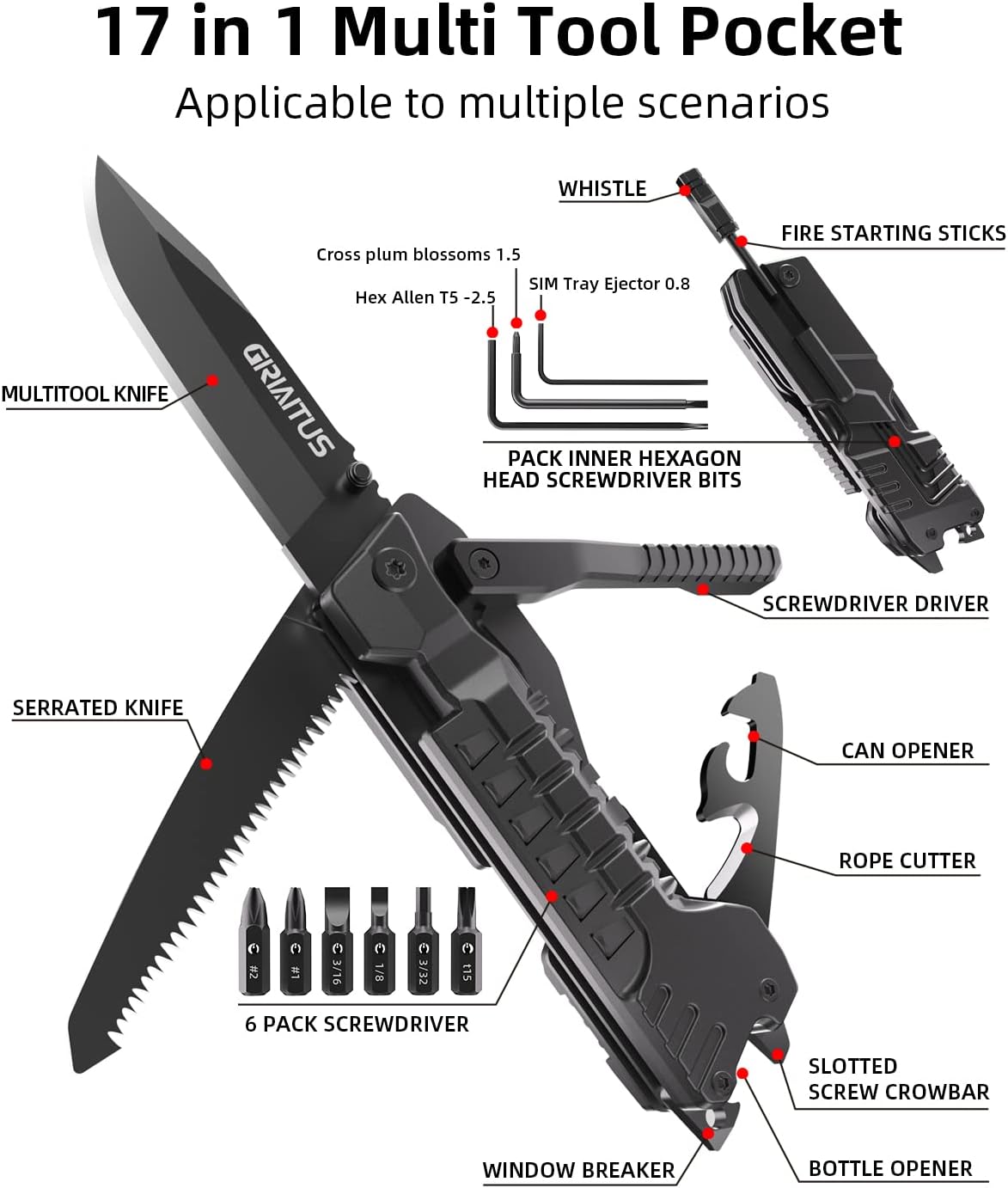 Skiennix 17-in-1 Multitool Knife - Versatile Camping Tool with Fire Starter, Bottle Opener & More | Perfect Gift for Outdoor Enthusiasts