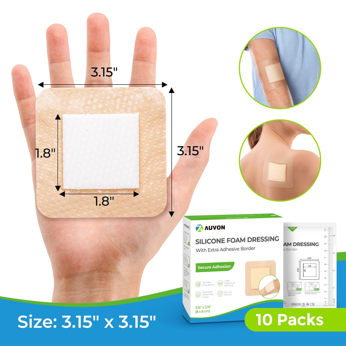 AUVON Silicone Foam Dressing with Large Adhesive Border, 3" x 3" 10 Packs Wound Dressing Bandage with High Absorbency, Waterproof Silicone Foam Pads for Wound Care & Protection Plus Cushioning