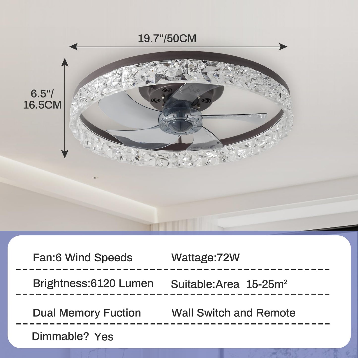 Cainjiazh 20" Low Profile Ceiling Fans with Lights and Remote Fandelier Ceiling Fan Flush Mount 3000K-6500K Smart Bladeless LED Fan Light Brown Modern Ceiling Fans with Lights for Bedroom