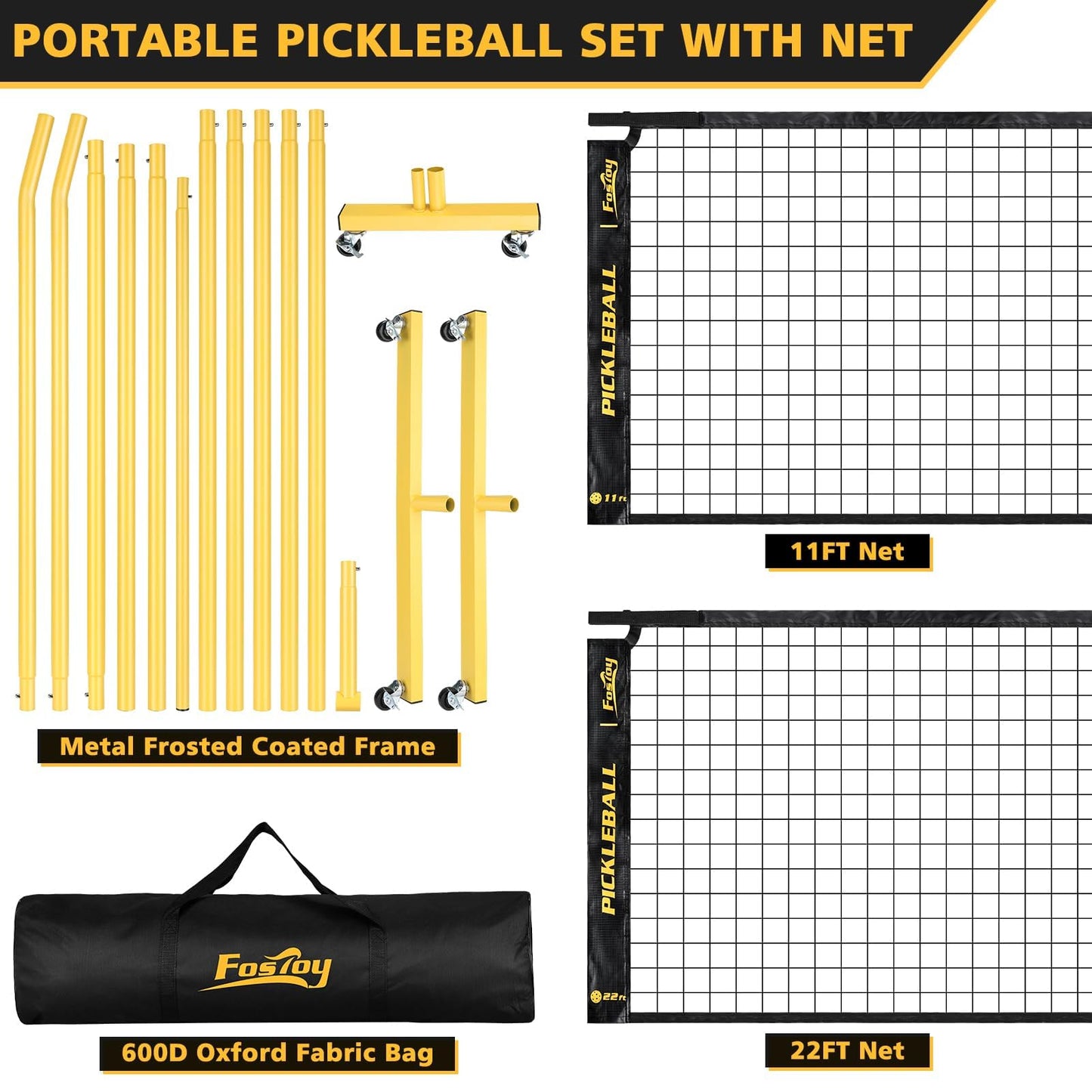 Portable Pickleball Net Set with Wheels, Regulation Size 22 FT & Half Court 11 FT, Steady Metal Frame Pickle Ball Net Set System with Carry Bag for Backyards, Driveways, and Garages