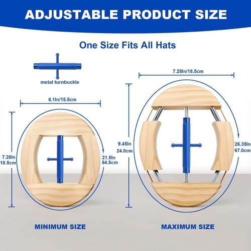 Hat Stretcher 4 Way, Upgraded Hat Stretchers for Fitted Hats, Stretched Size 6 7/8 to 8 1/2, Hats Stretcher Fits All Kind of Caps - Lever Principle Wrench, Extender Widener for Cowboy Baseball Caps