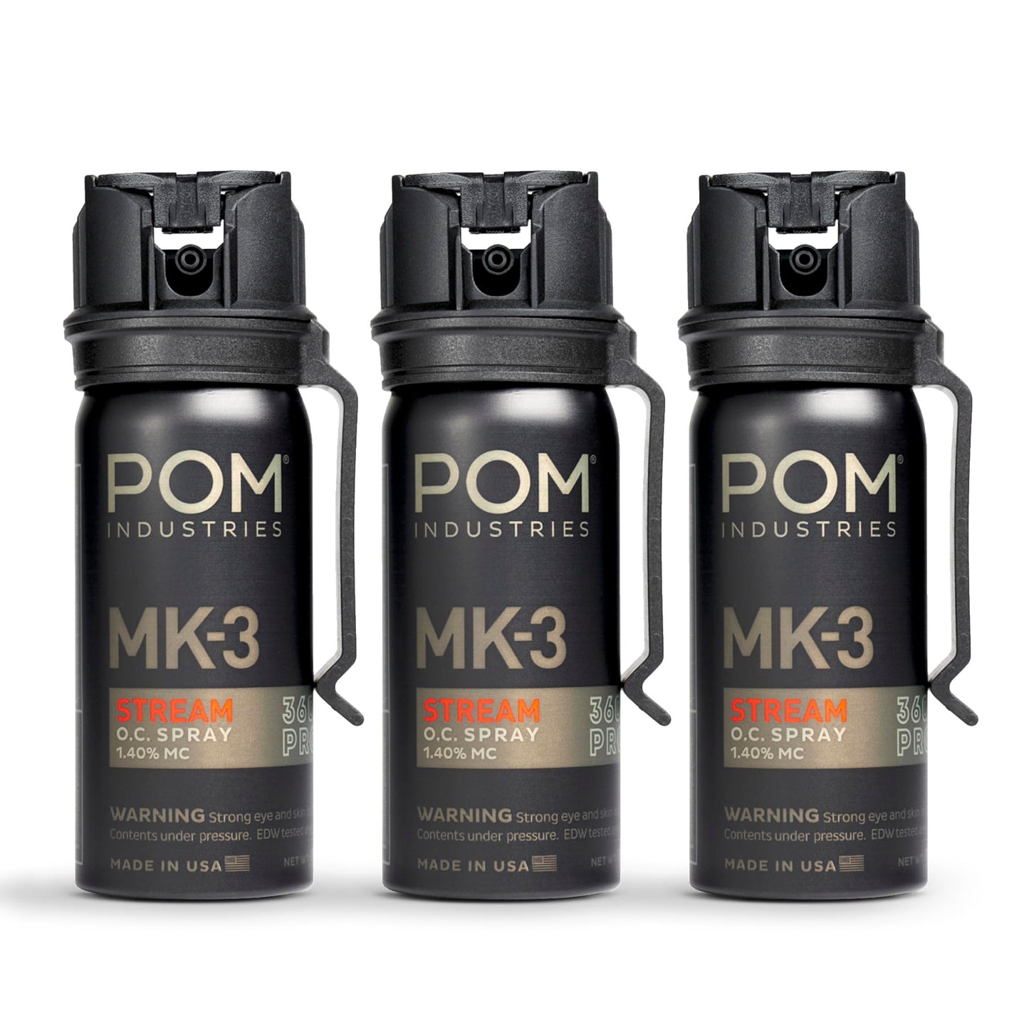 POM MK3 Pepper Spray, Belt Clip Model, Maximum Police Strength OC with UV Marking Dye, Quick Flip Top Safety, 360° Performance At Any Angle, Powerful Accurate Stream, 18 ft Range, 1.8 fl oz, 3 Pack