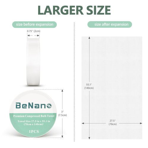 Benano Premium Compressed Towel Tablets Disposable Towel 55.1 in x 27.5 in Large Bath Towel Travel Towel Reusable for Hotel Camping Mountaineering Sports Hiking Beach Swimming Vacation (20 Pack)