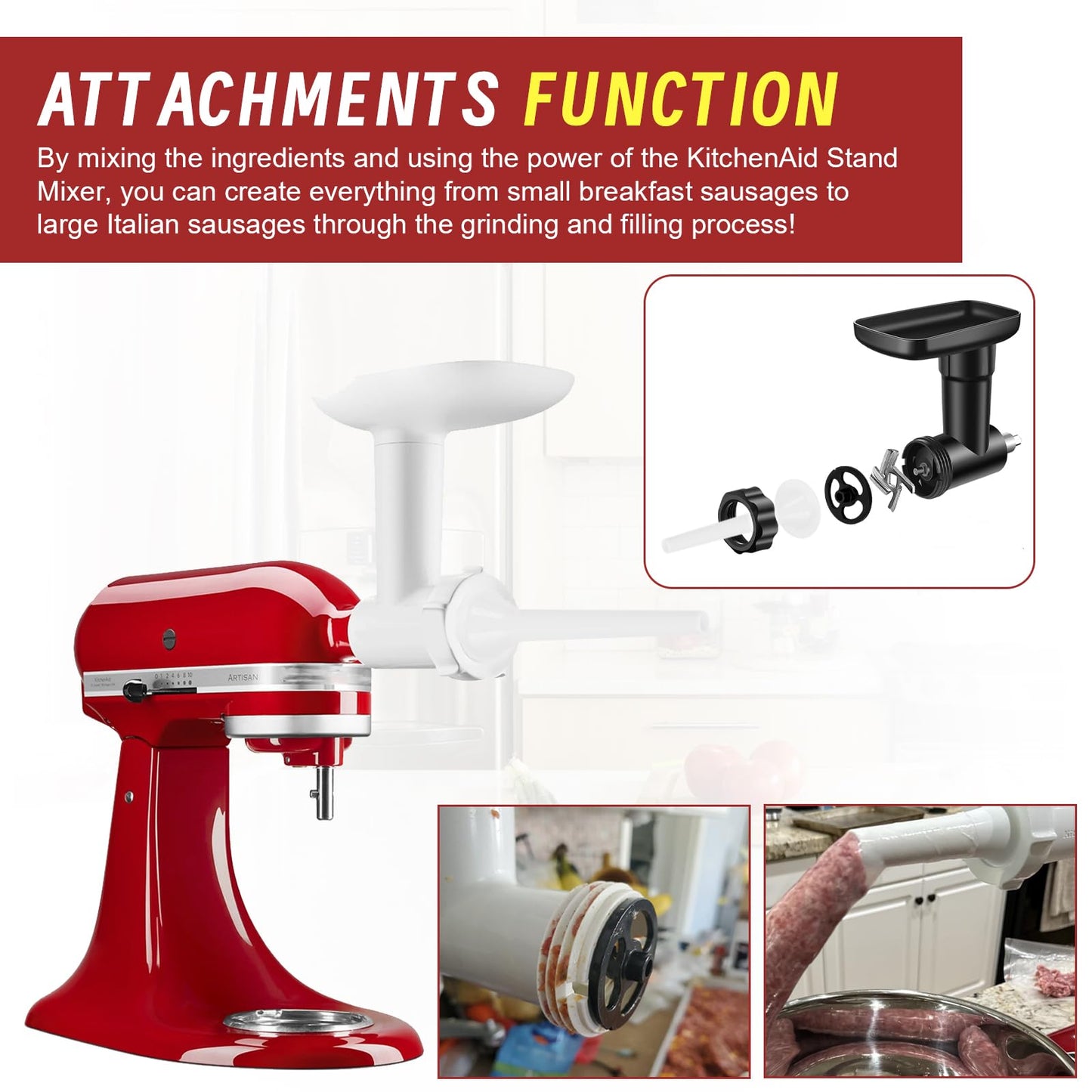 Stand Mixer Sausage Stuffer Kit Repalcement for KitchenAid FGA Food Meat Grinder Attachment, Sausage Stuffer Tubes Compatible with KitchenAid Mixer Sausage Stuffer Maker