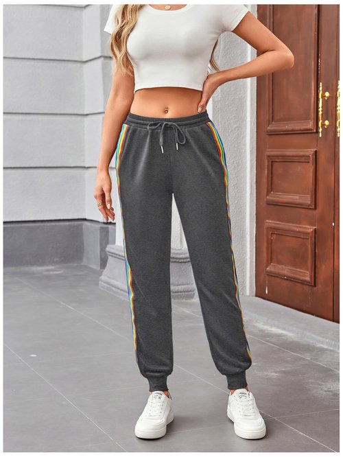 SweatyRocks Women's Drawstring Waist Striped Side Jogger Sweatpants with Pocket Dark Grey Small