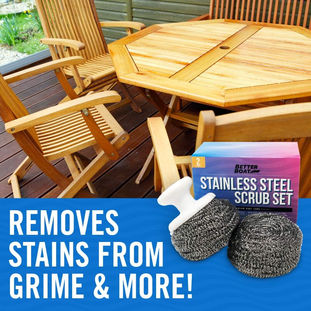 Regine Stainless Steel Scrubber Set - Heavy Duty Marine Grade Steel Wool Pads with Brush Handle for Kitchen & Outdoor Cleaning