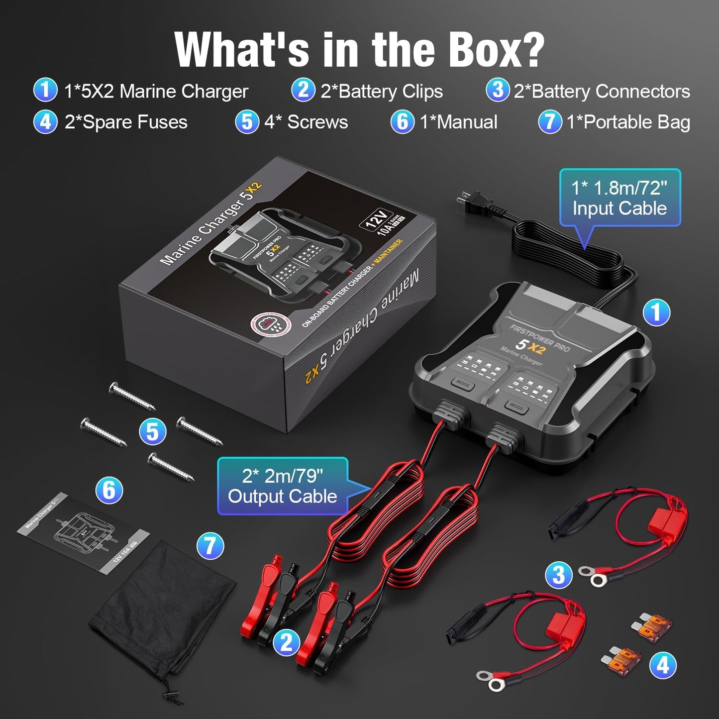 2 Bank Marine Battery Charger - 10A Waterproof Onboard Maintainer for SLA/AGM & Lithium Batteries