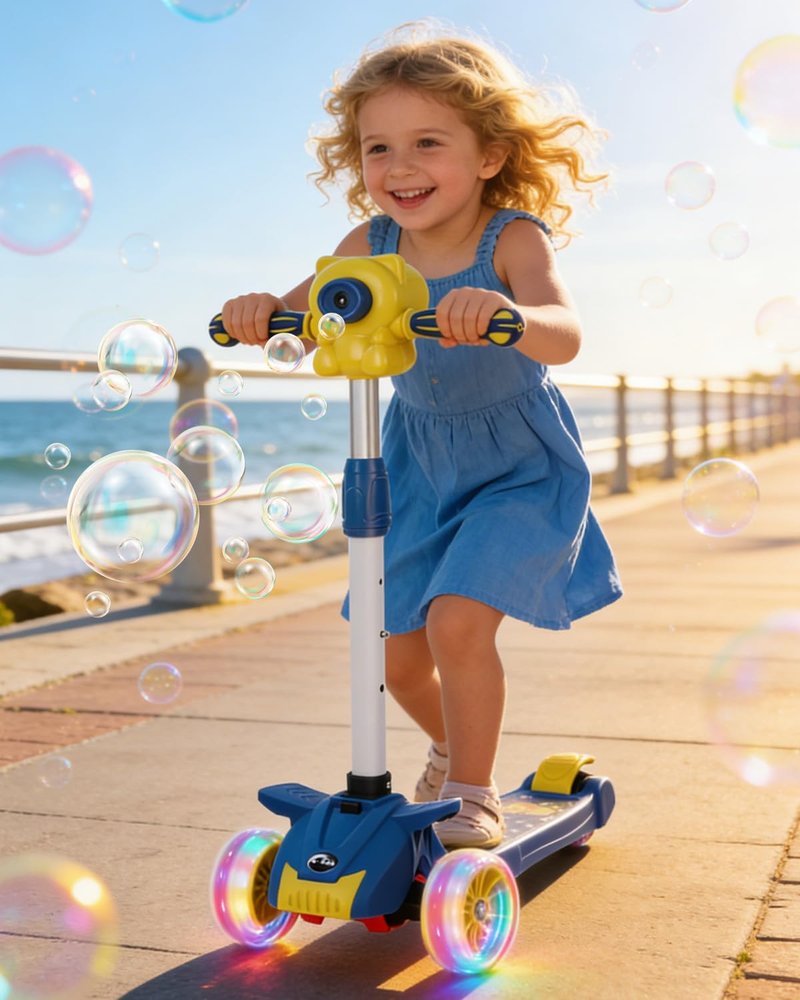 Kids Scooter with Bubble Machine for 3-10 Ages Kids, 3 Wheel Kick Scooter with LED Multi Color Wheel Lights and 3-Height Adjustable Handlebar, Toddler Scooter Lean to Steer for Boys & Girls (Blue)