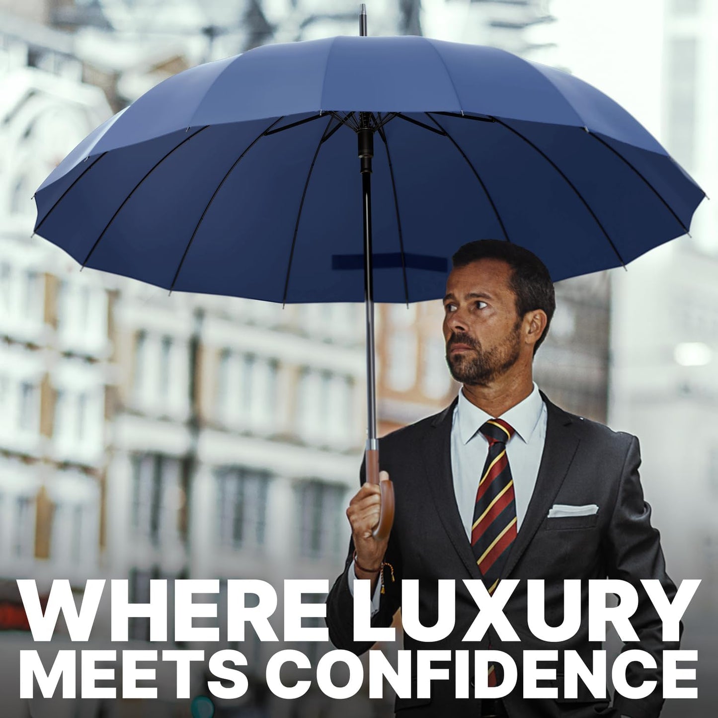 Royal Walk Large Windproof Umbrella for 2 - Navy Blue, 54 Inch, Auto Open, Wooden Handle