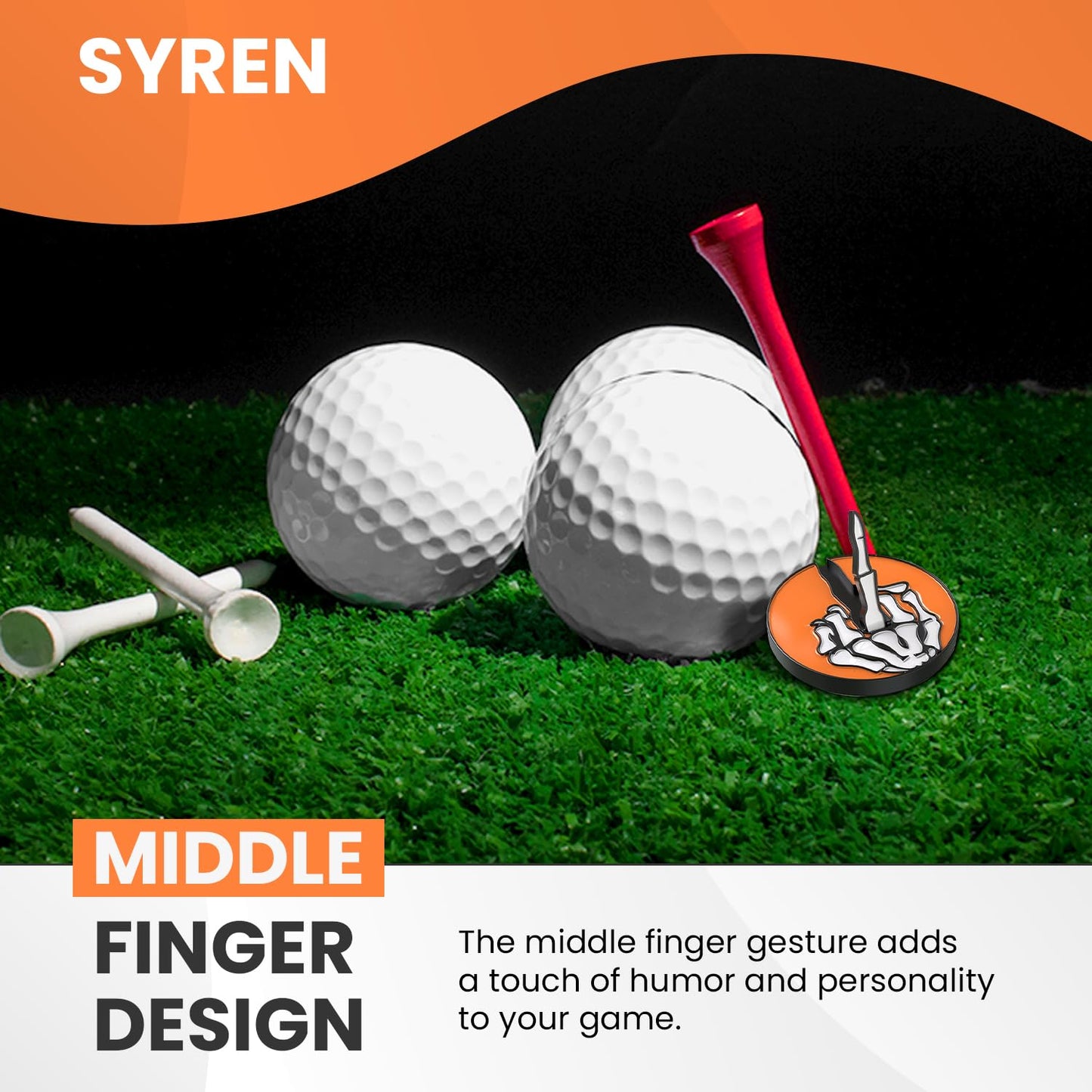 Syren Bone Skeleton Middle Finger Golf Ball Marker with Magnetic Hat Clip Alignment, Funny Golf Accessories Great Gift for Golf Lovers Golf Cap Premium Gifts Golf Enthusiasts (Orange Bone)