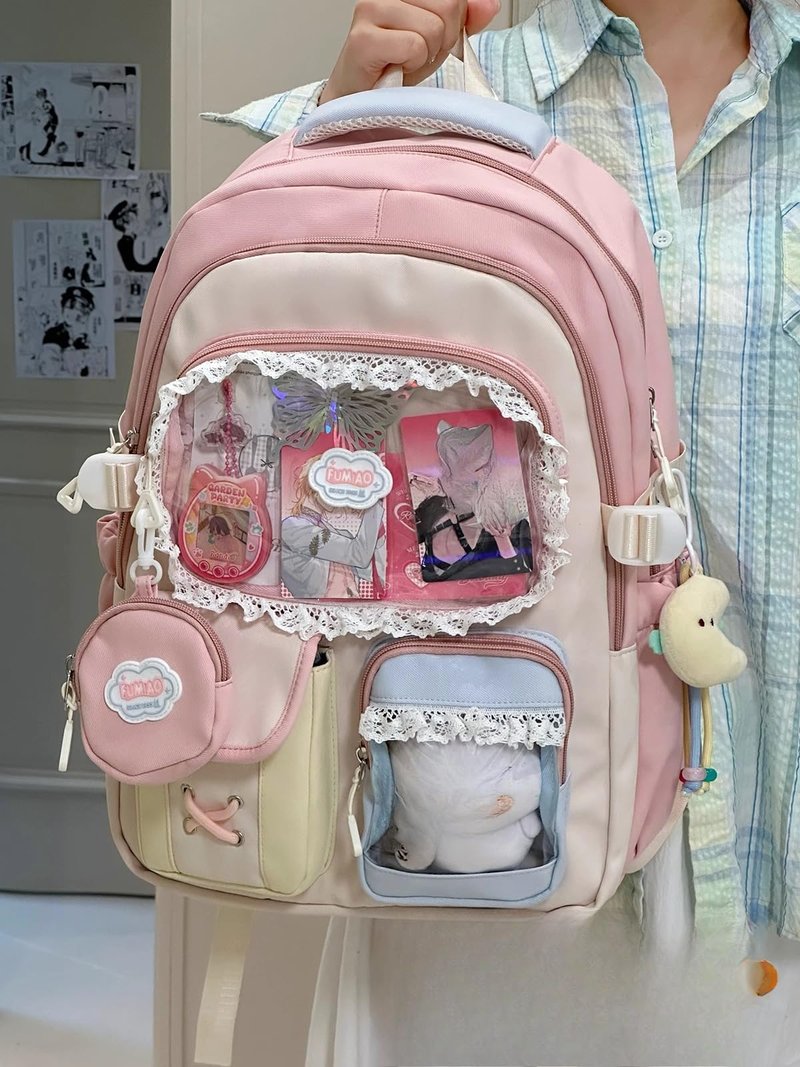 ZQW Kawaii Cute Backpack for Women Y2K Aesthetic Anime ITA Bag with Lace Trim Badges Display Clear Panel Casual Daypack (Blue)