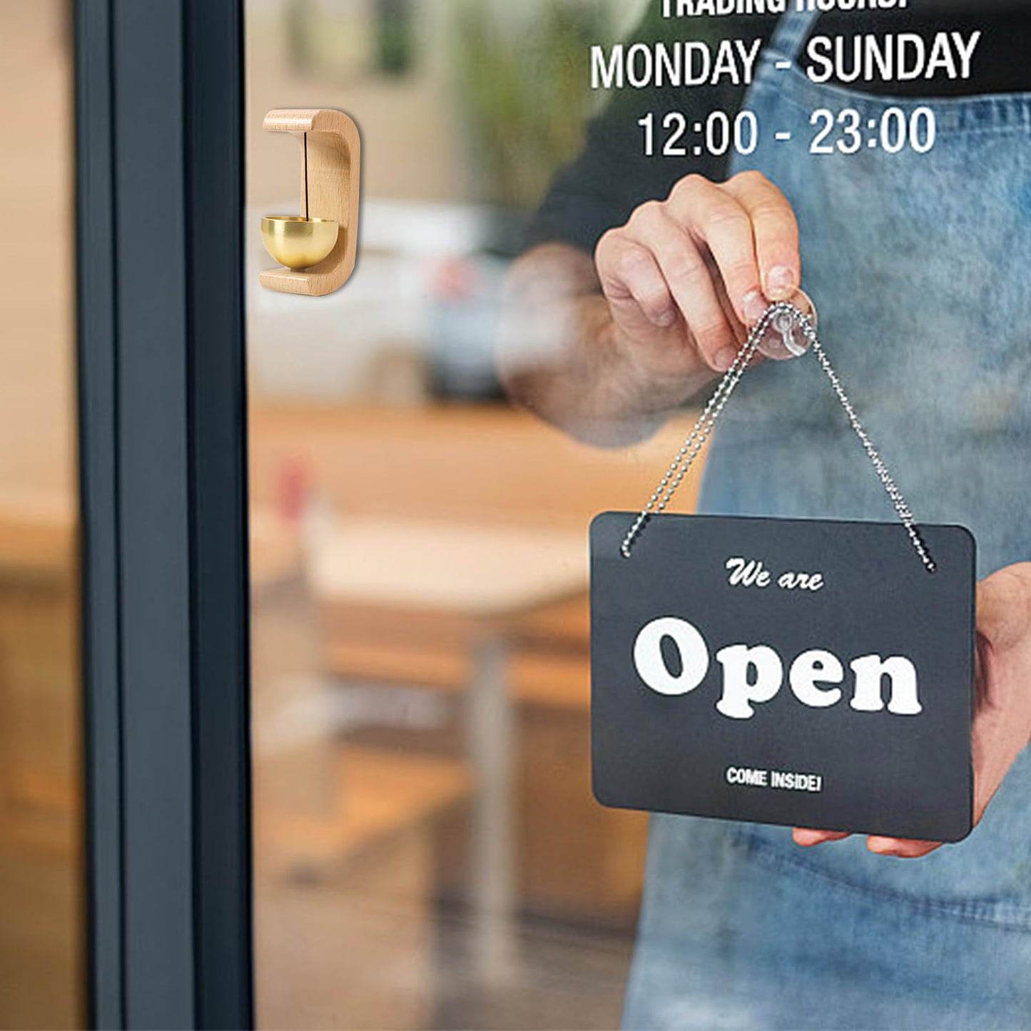Magnetic Shopkeepers Bell, Decorative Wooden Chime with Brass Bell,with Self-Adhesive for Front Porch, Wall, Garden, Shop, Housewarming Gift, C Shape (2, Light)