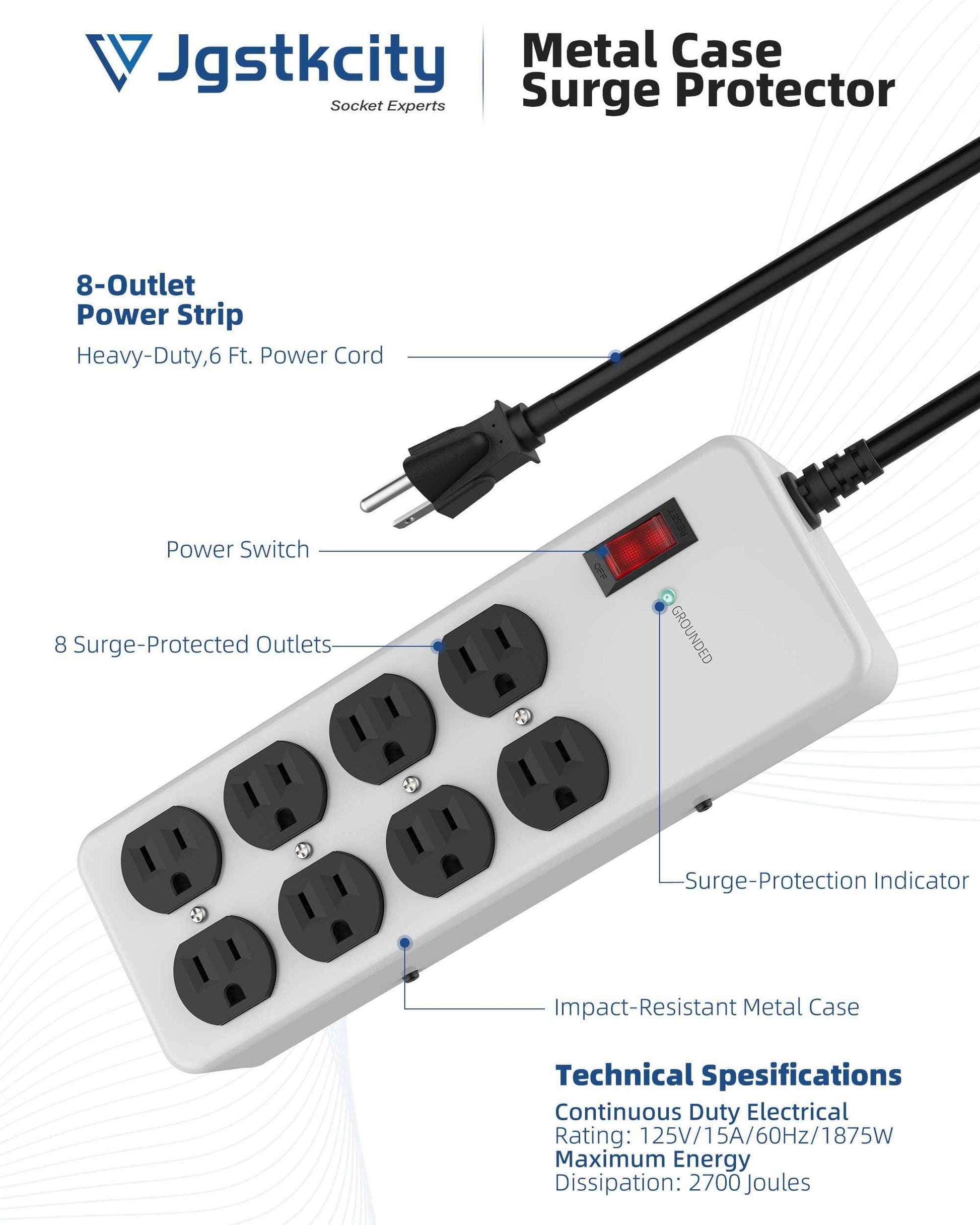 Heavy Duty Power Strip,Industrial Heavy Metal Case Surge Protector,8 AC Outlets,15Amp,2700 Joules,Protected' Indicator,14 Gauge Cord (Grey, 6FT Length)