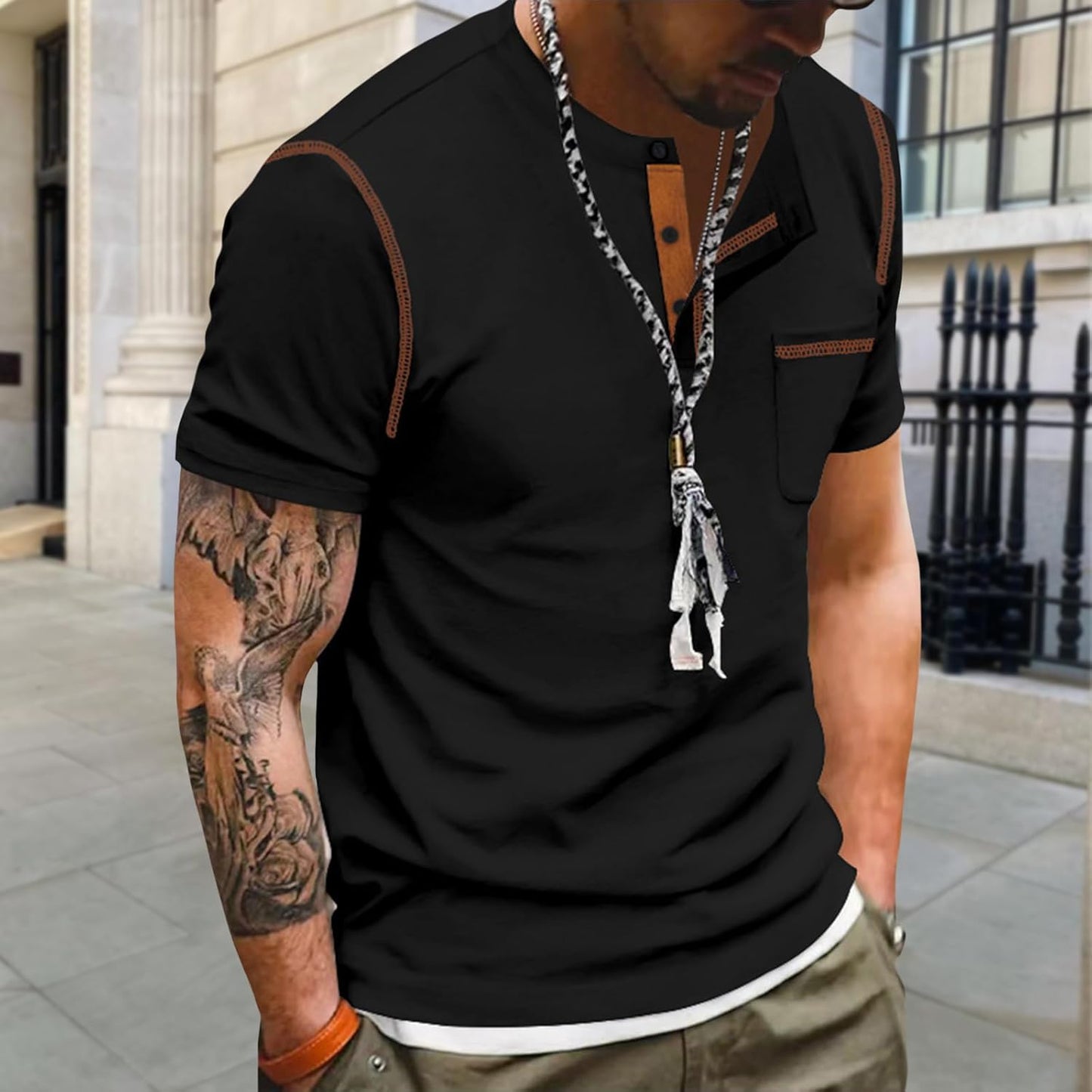 Skiennix Men's Henley Shirt - Fitted Short Sleeve V-Neck Top in Solid Colors for Summer Comfort