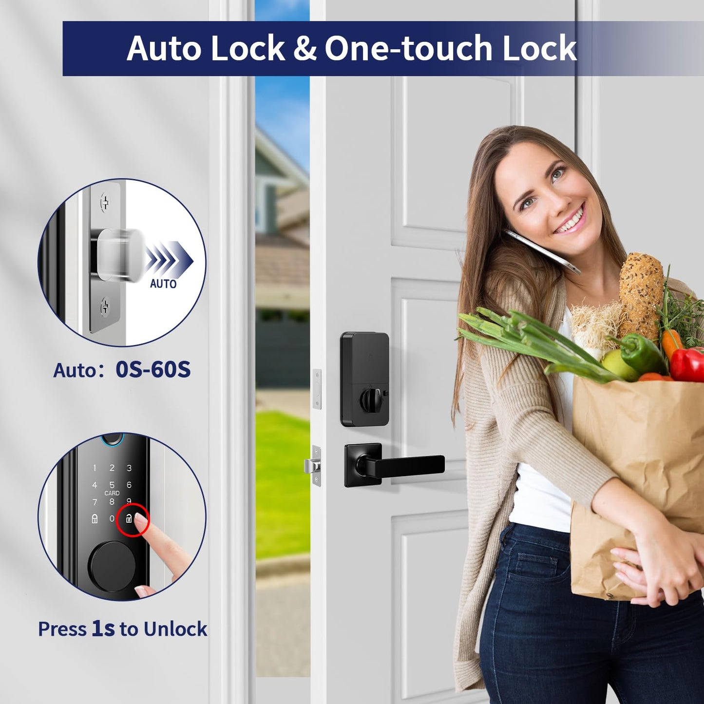 WiFi Fingerprint Smart Lock for Front Door - Keyless Entry Door Lock with Handle Set | No Bridge Required Electronic Digital Keypad Deadbolt with APP Control,Auto-Lock,USB-C Charging Port