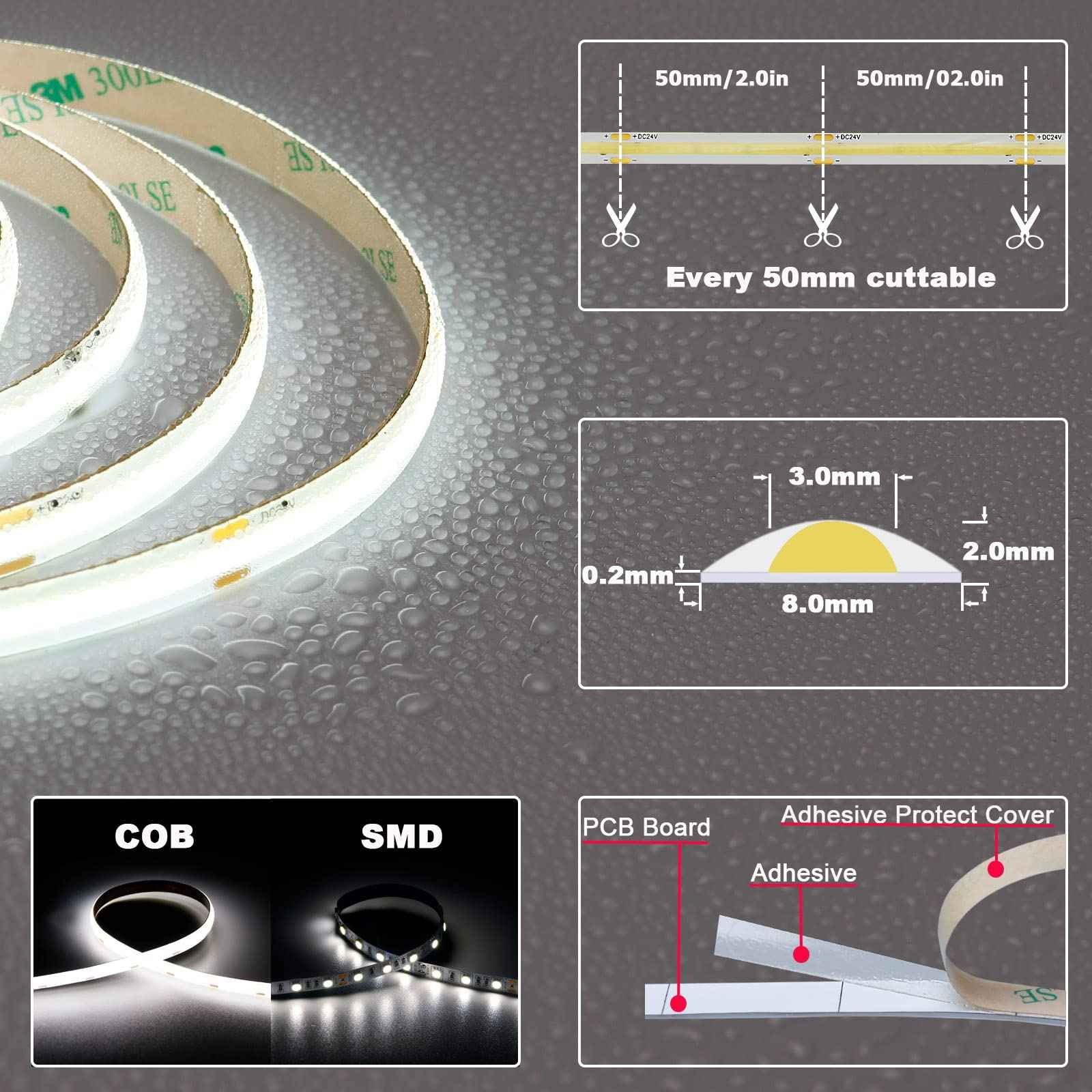 TOPAI 24V COB LED Strip 5000K Daylight White Waterproof IP65 480LEDs/M Super Bright 4000Lm CRI>90 16.4ft Dotless High Density Cuttable Flexible for Cabinet Home DIY Lighting Projects