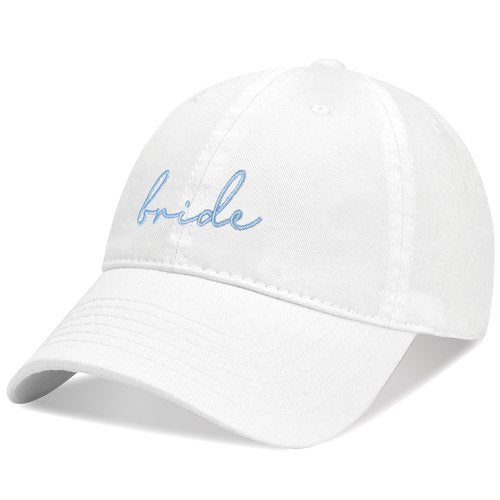 GroomBrideGifts Bride Hat - White Baseball Cap with Blue Embroidery, Bridal Shower Gifts for Bride to Be, Engagement Gift for Her Wedding Day