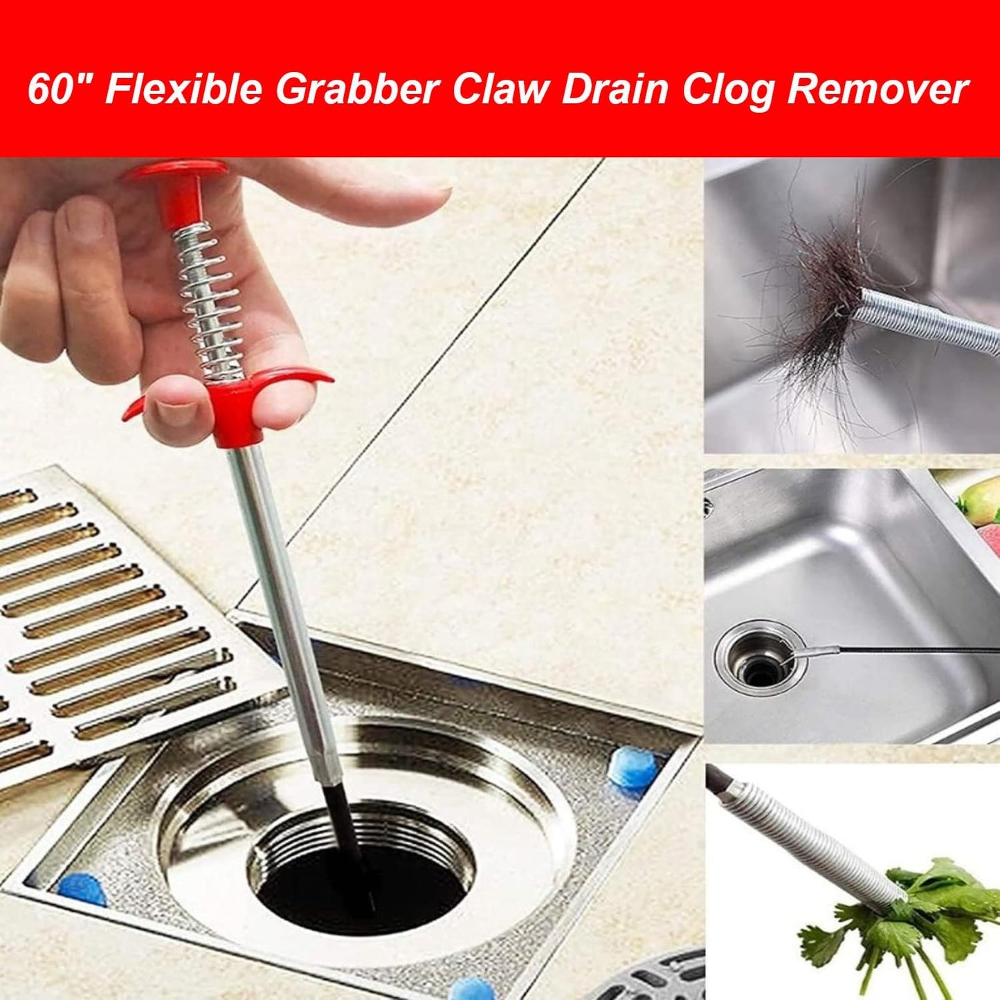 JOYFUL&HOPEFUL Drain Clog Remover Tool, 60" Stainless Steel Drain Unblocker,40" Snake Remover, 60" Pipe Cleaner Brush,24" Drain Cleaning Snake,5PCS, For Toilet, Kitchen Sink, Bathroom Tub, Sewer
