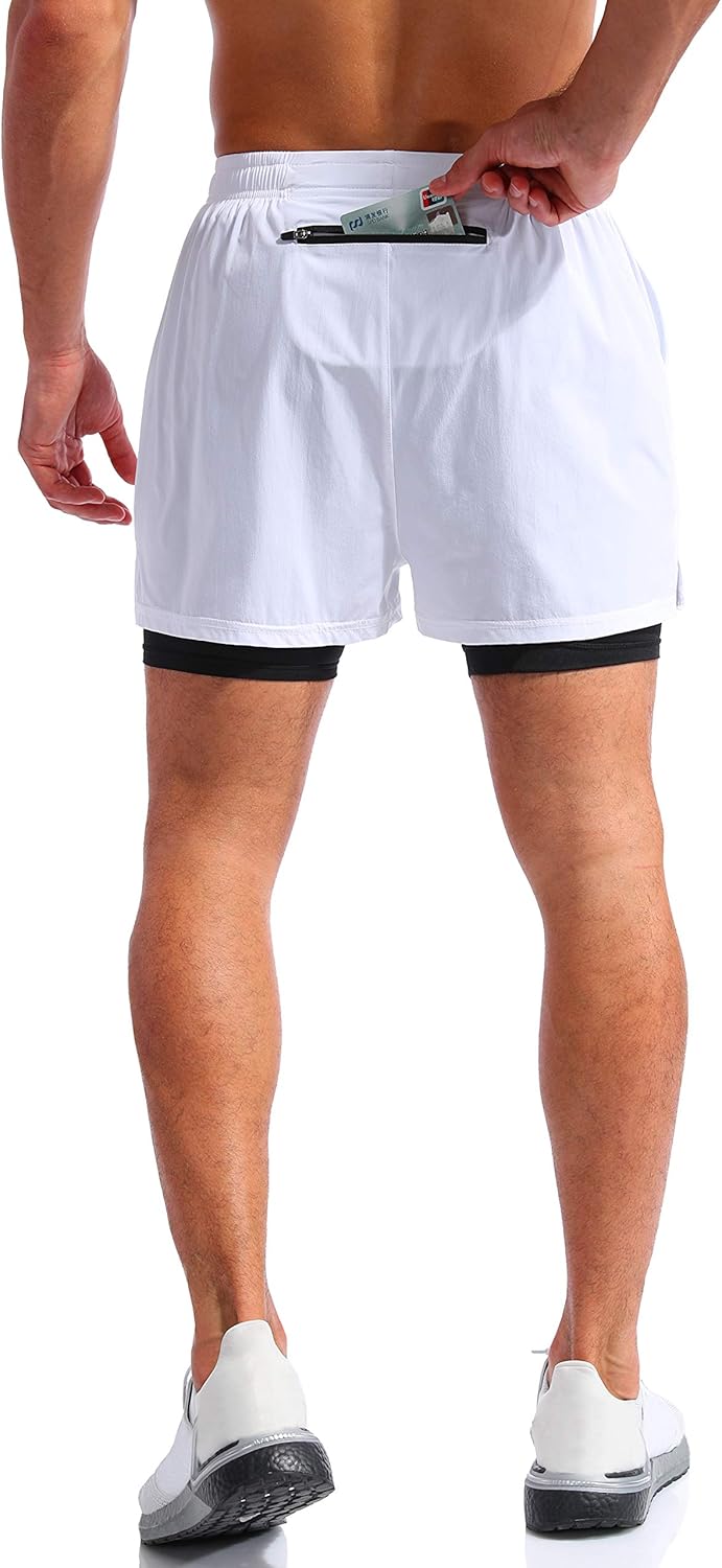Pudolla Men's 2-in-1 Running Shorts - Quick Dry Athletic Gym Shorts with Phone Pockets | 5" Length