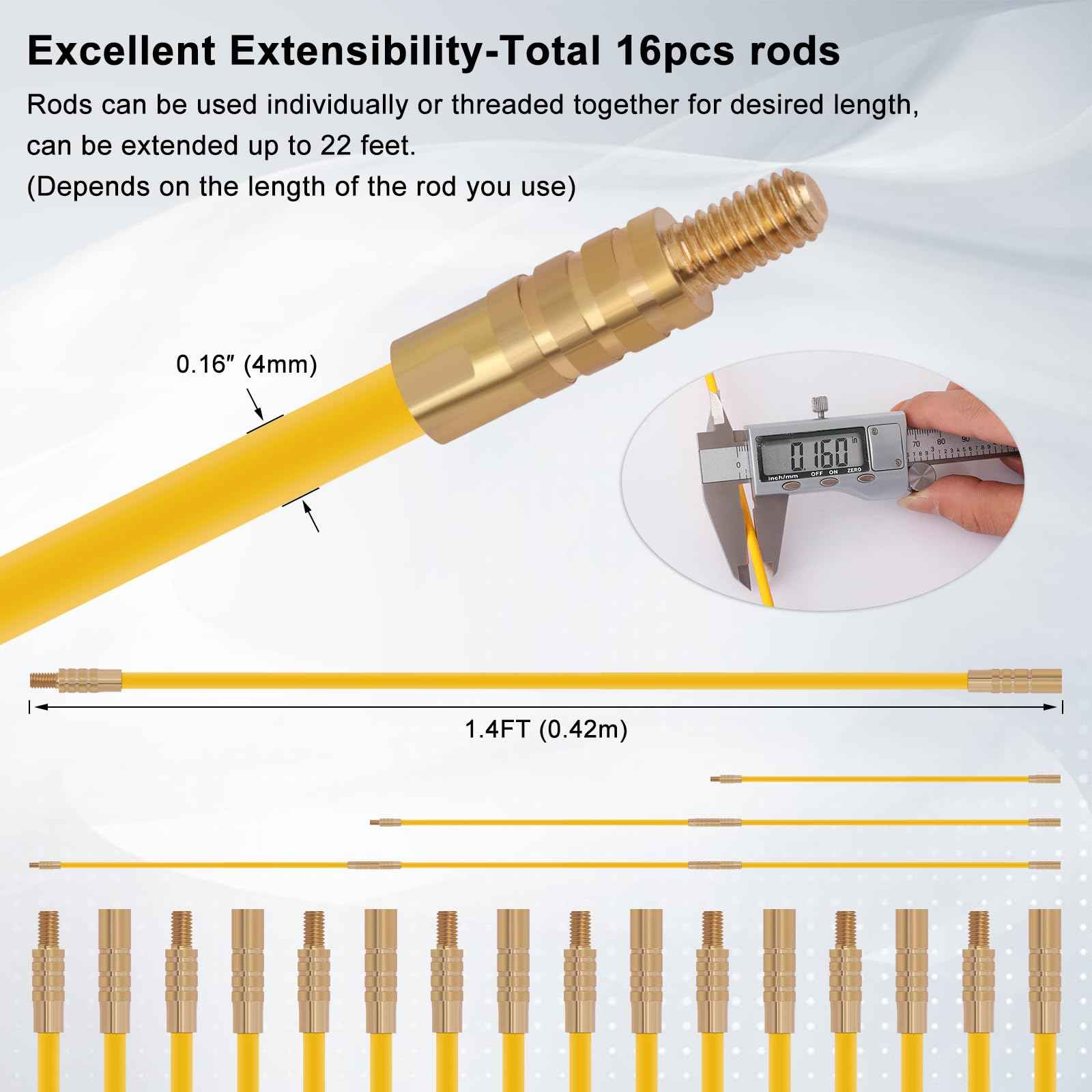 Boeray 22FT Fiberglass Running Electrical Wire Cable Pulling Fish Tape kit in a Carrying Case Through Wall Cable Snake Rods Electrical Tools Kit with Different Attachments