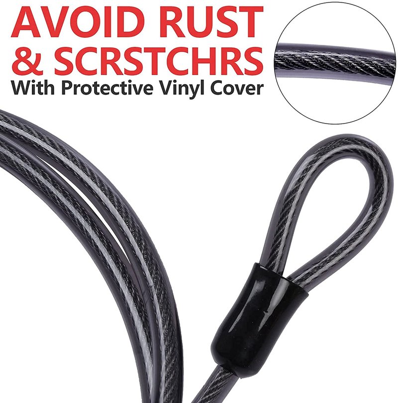 DELSWIN Security Steel Cable with Loops - 6ft, 15ft Heavy Duty Bike Steel Cables 3/8 inch Thick Vinyl Coated Braided Lock Cable for Bicycle, Generator, Kayak, Patio Furniture