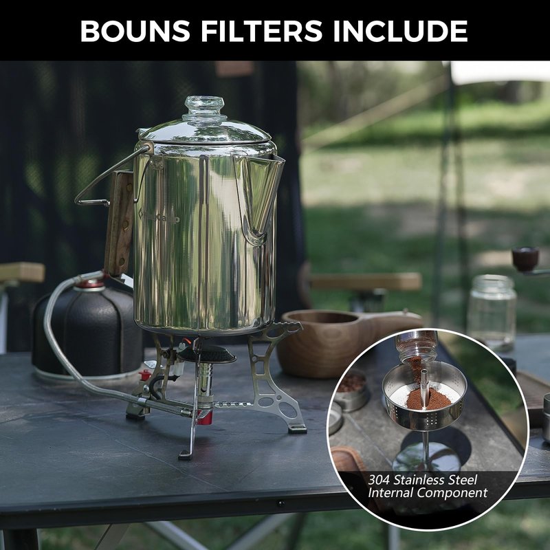 KingCamp Percolator Coffee Pot Campfire Coffee Boiler Kettle 304 Stainless Steel with Wood Handle for Outdoor Camping Cookware, Cabin, RV, Kitchen, Hunting & Backpacking, NO Aluminum or Plastic 9 Cup