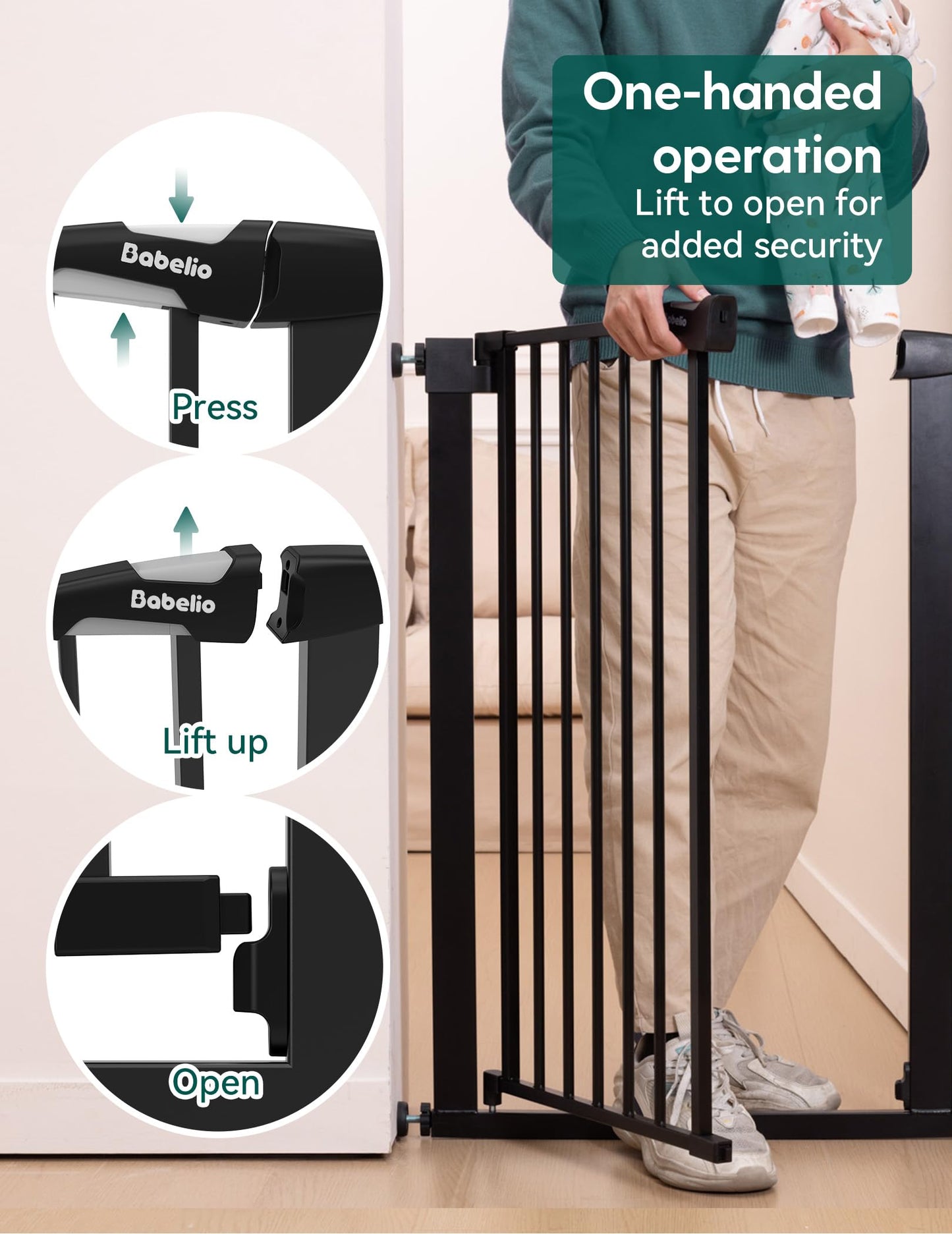 BABELIO 36" Tall Narrow Baby Gate, 26-28.5" Auto-Close Metal Pet Gate for Small Stairs/Doorways/Hallways, NO Drilling Pressure Mounted for Child and Pets, NO Extensions, Black