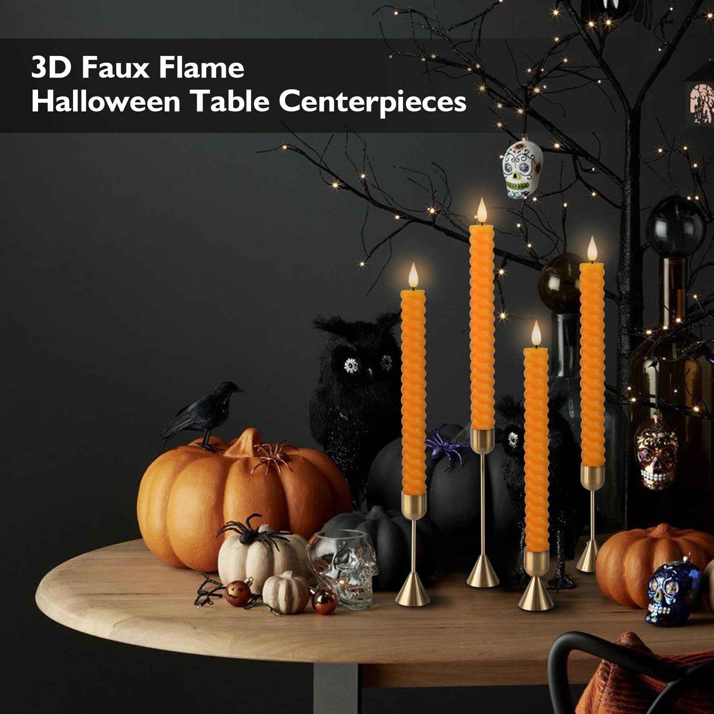 Rhytsing 10" Orange Flameless Twisted Taper Candles with Timer, Battery Operated Spiral Led Candlesticks for Fall and Halloween, Remote & Batteries Included - Set of 4