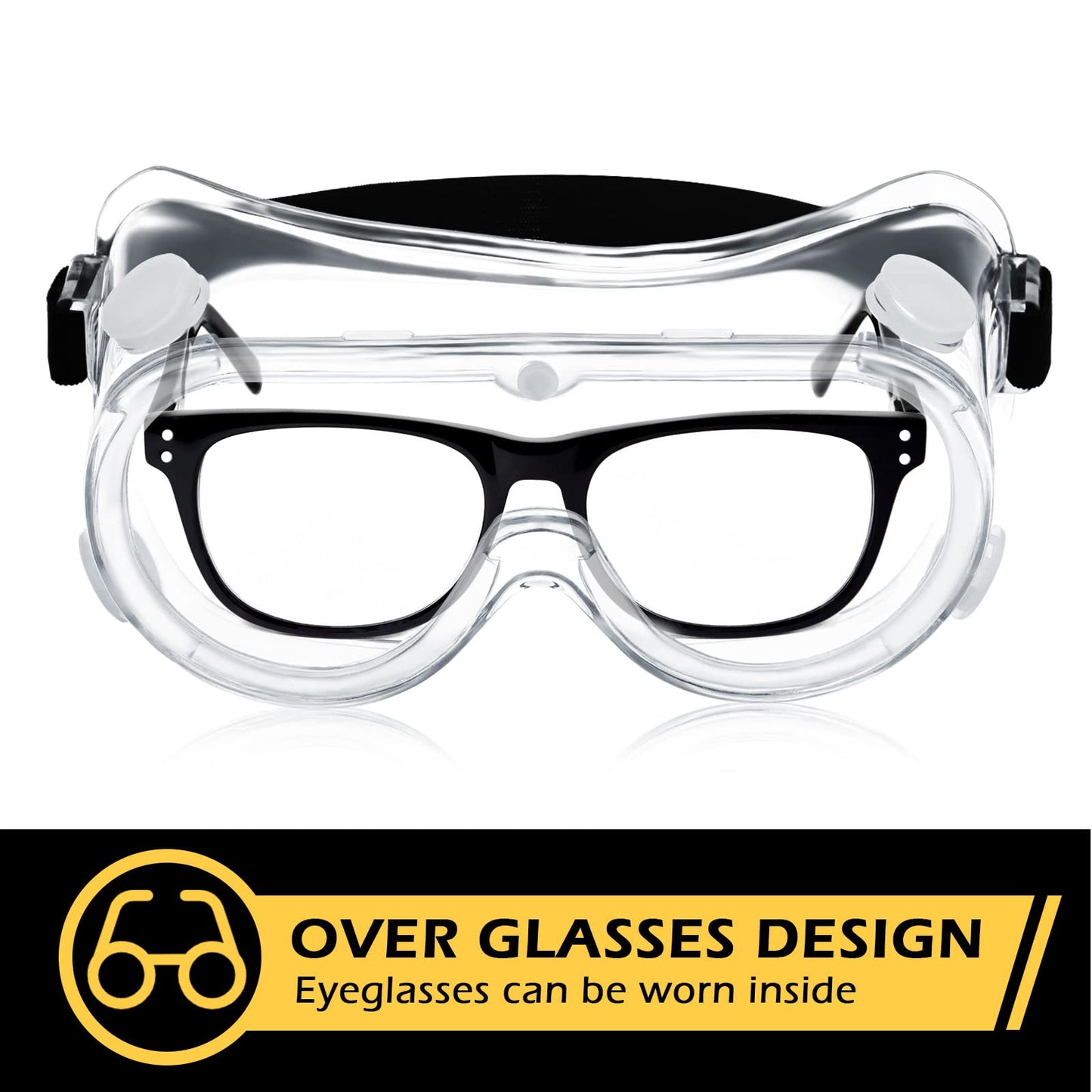 Yunsailing 30 Pack Protective Safety Goggles Clear Lab Over Glasses Anti Fog Eye Protection Goggles for Men Women(Clear, Black)