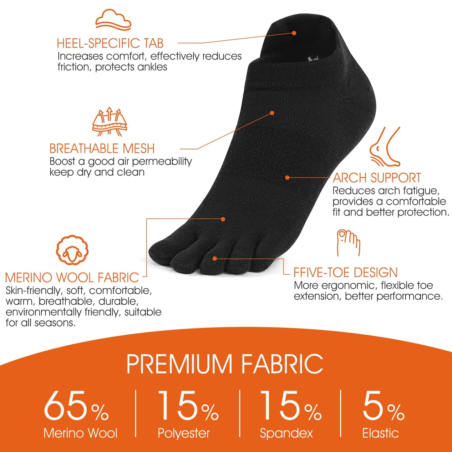 aomagic Merino Wool Toe Socks for Men and Women Athletic Runing Ankle Toe Separation Socks (3 Pairs), Large