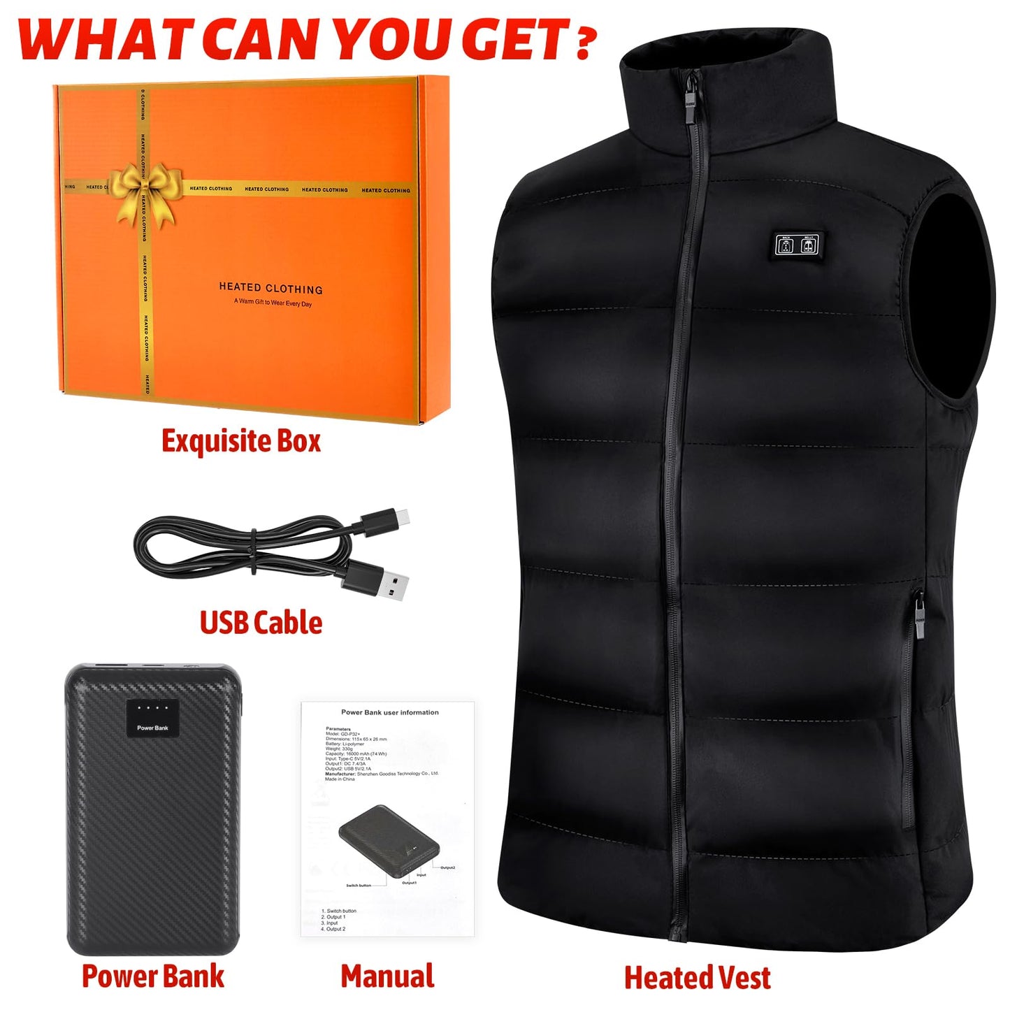 GYIPFIPA Rechargeable Heated Vest, 11 Heating Zones Warming Heated Jacket Rechargeable Heated Vest with 16000mah Battery Pack(XXLarge)