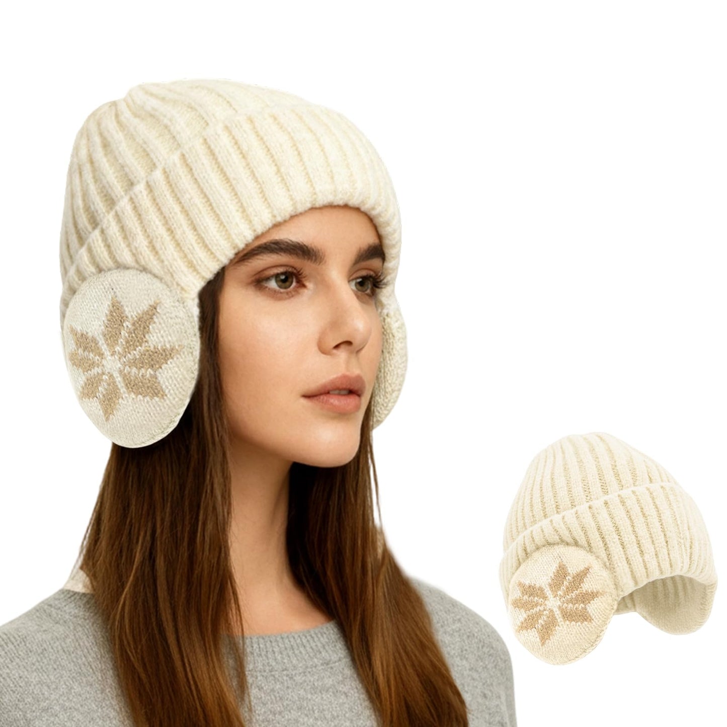 CSONFIT Winter Beanie Fleece Lined for Men Women, Unisex Thermal Knitted Ski Hat with Integrated Ear Hood, Warm Stretchable Skull Cap for Skiing, Snowboarding, Running, Daily Use (Beige)