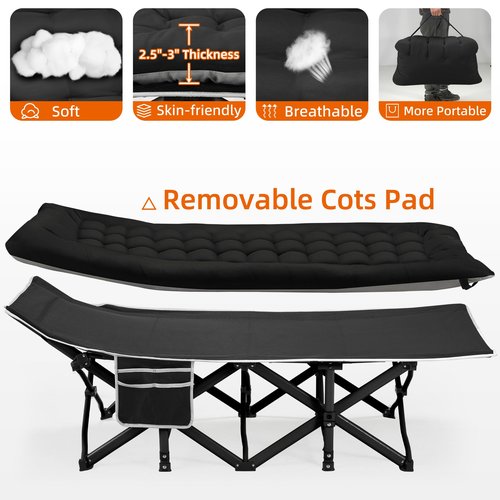 Fragess Portable Camping Cot, Sleeping Cots for Adults, 28" Extra Wide Heavy Duty Folding Cot Max Load 600LBS with Thick Mattress, Portable Camping Bed for Outdoor Camp/Office, Home Nap (Black)