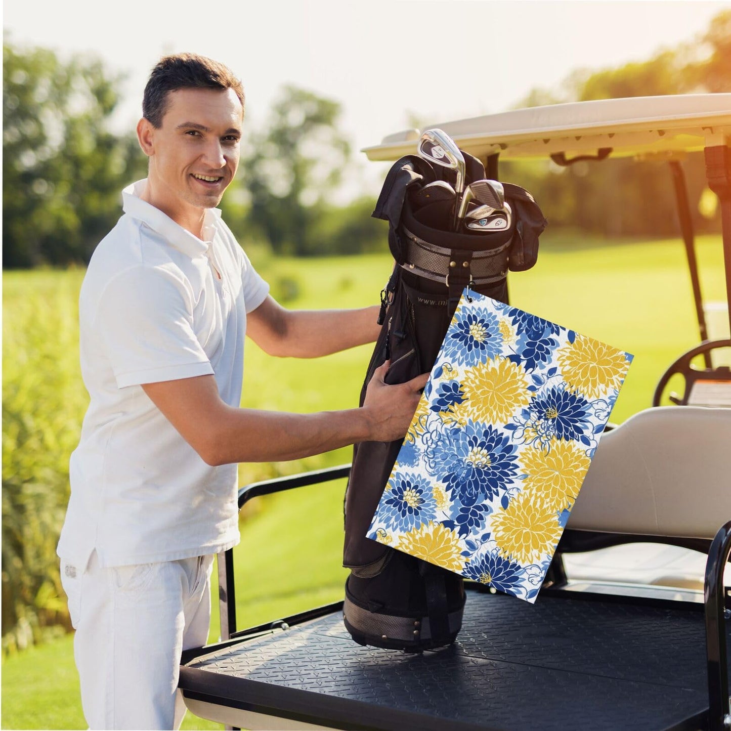 hsbolediy Golf Towels for Men Golfers 16"x24", Flower Blue Floral Yellow Custom Golf Towel Gifts Accessories for Golf Bags