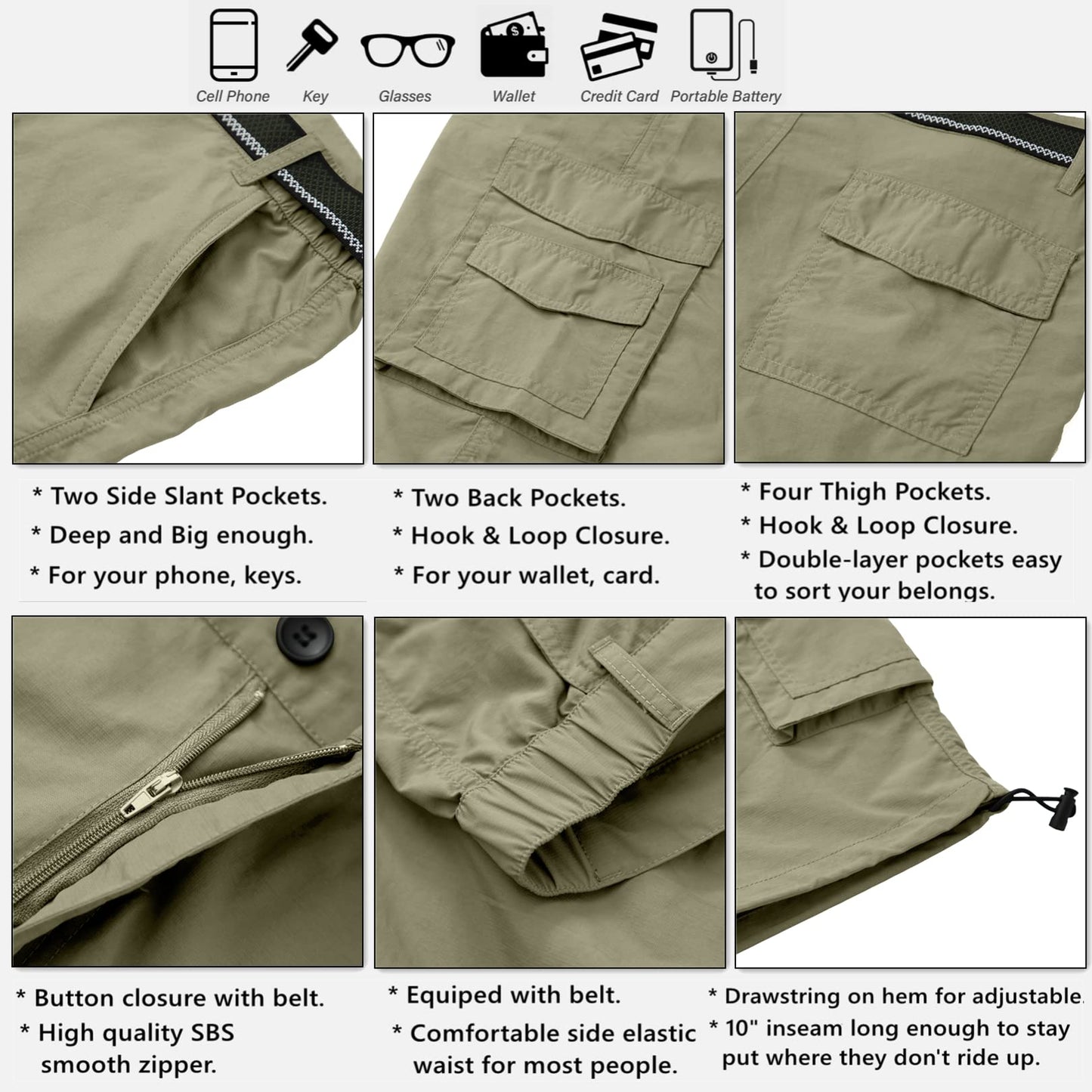 Jessie Kidden Mens Cargo Shorts Outdoor Casual Elastic Waist Lightweight Water Resistant Quick Dry Fishing Hiking Shorts (6013 Khaki 36)