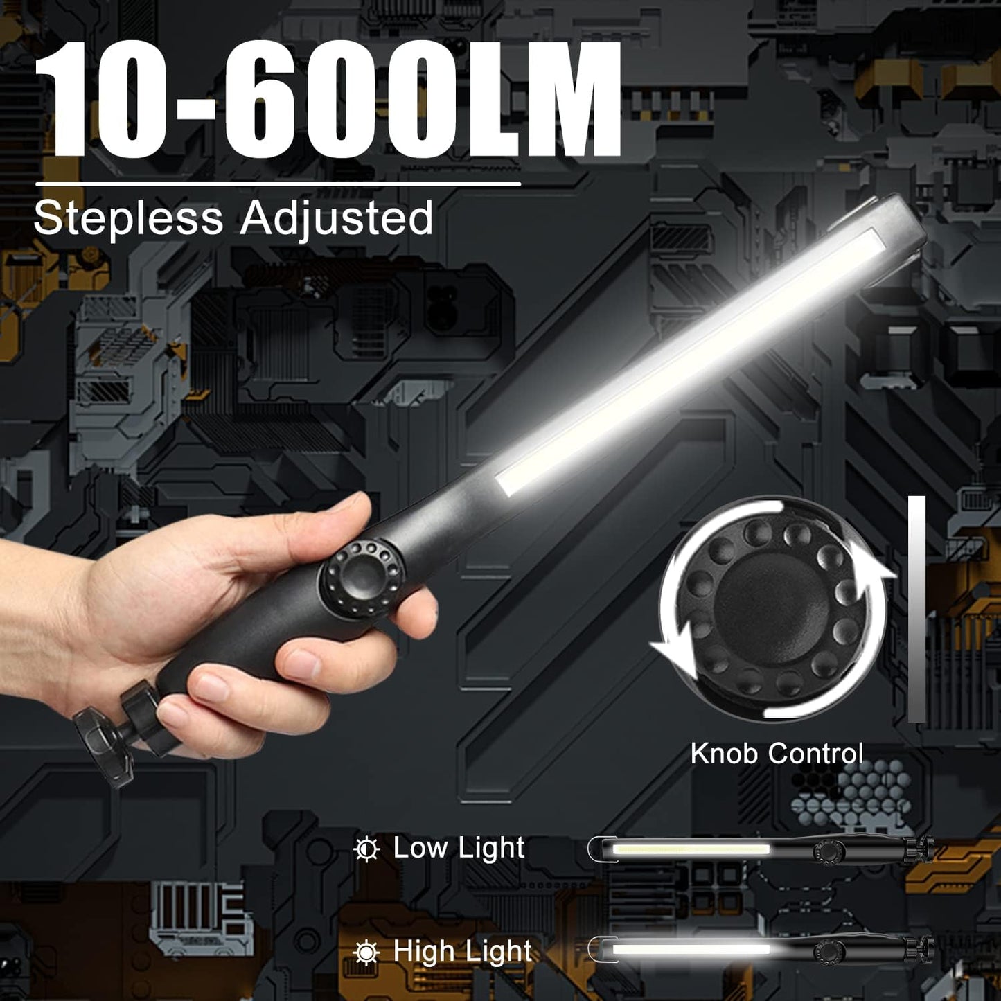XTAUTO LED Work Light - 600LM Rechargeable COB Inspection Lamp with Magnetic Base & Hook - Portable for Garage & Camping